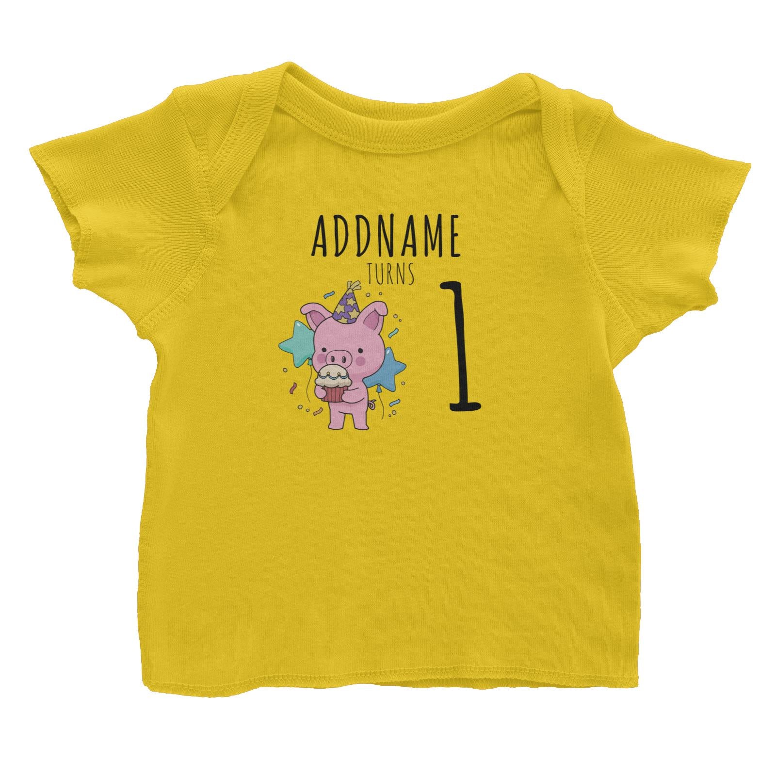 Birthday Sketch Animals Pig with Party Hat Eating Cupcake Addname Turns 1 Baby T-Shirt