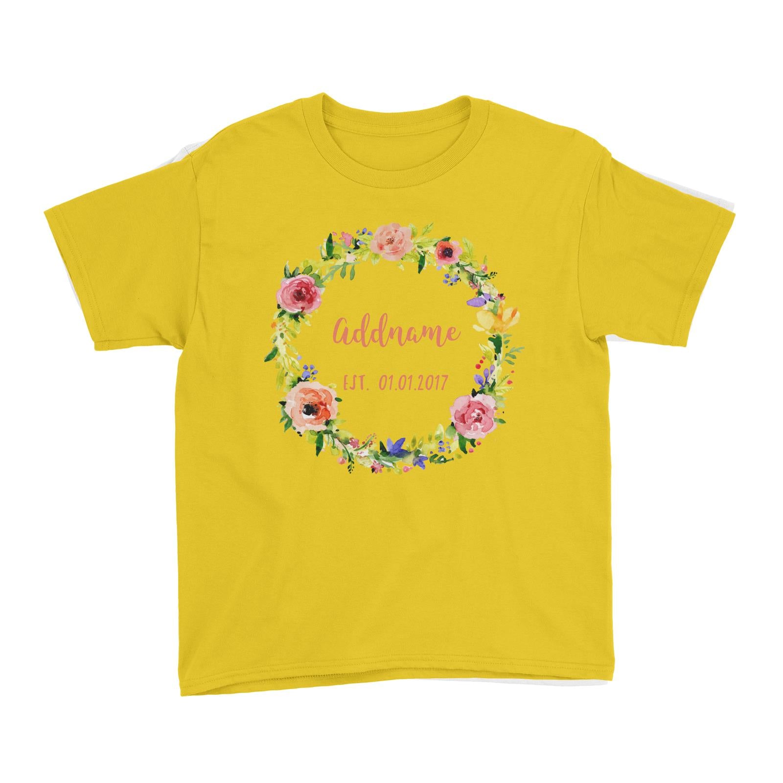 Add Name and Add Date in Spring Flower Wreath Kid's T-Shirt
