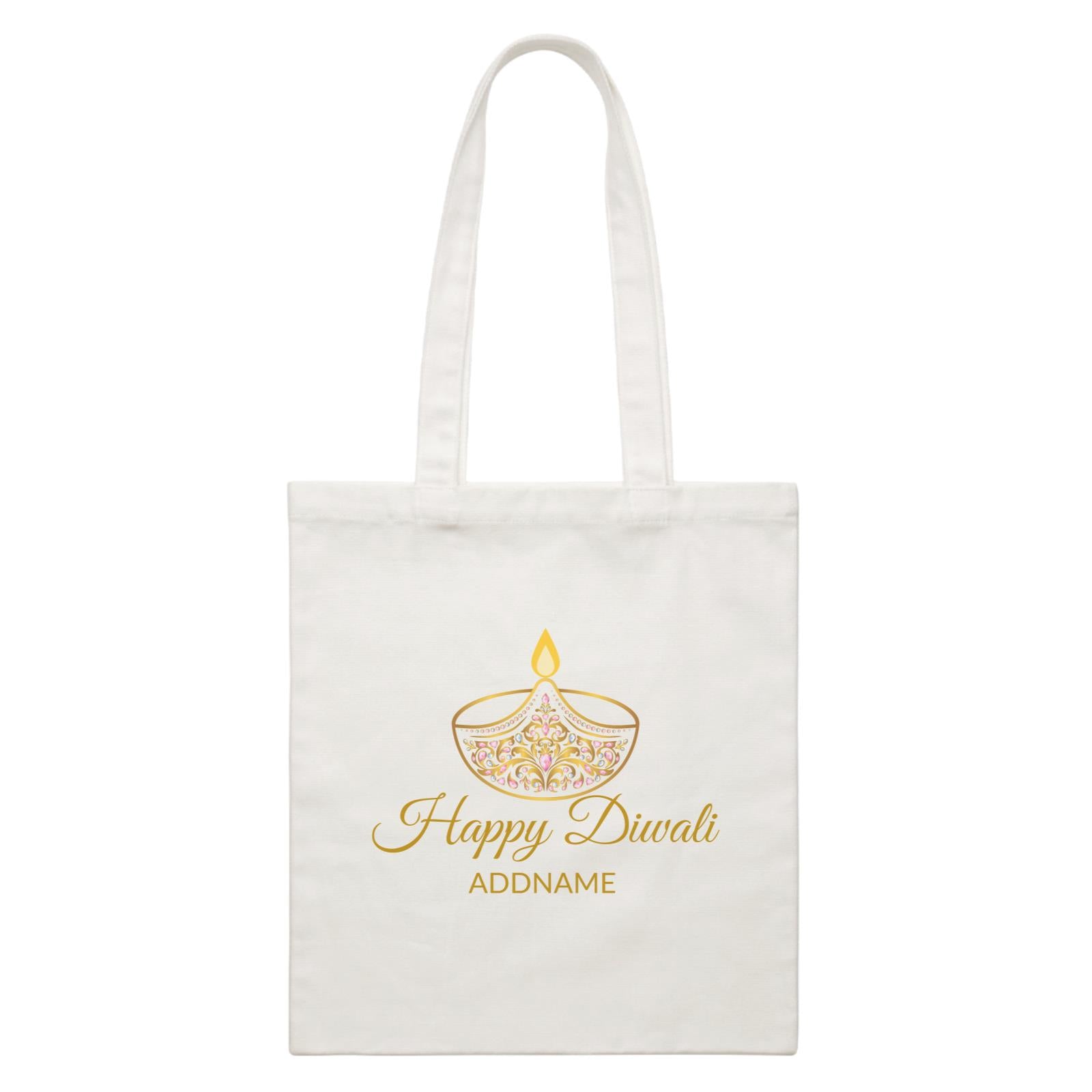 Happy Diwali with Ornamental Diyas Addname White Canvas Bag