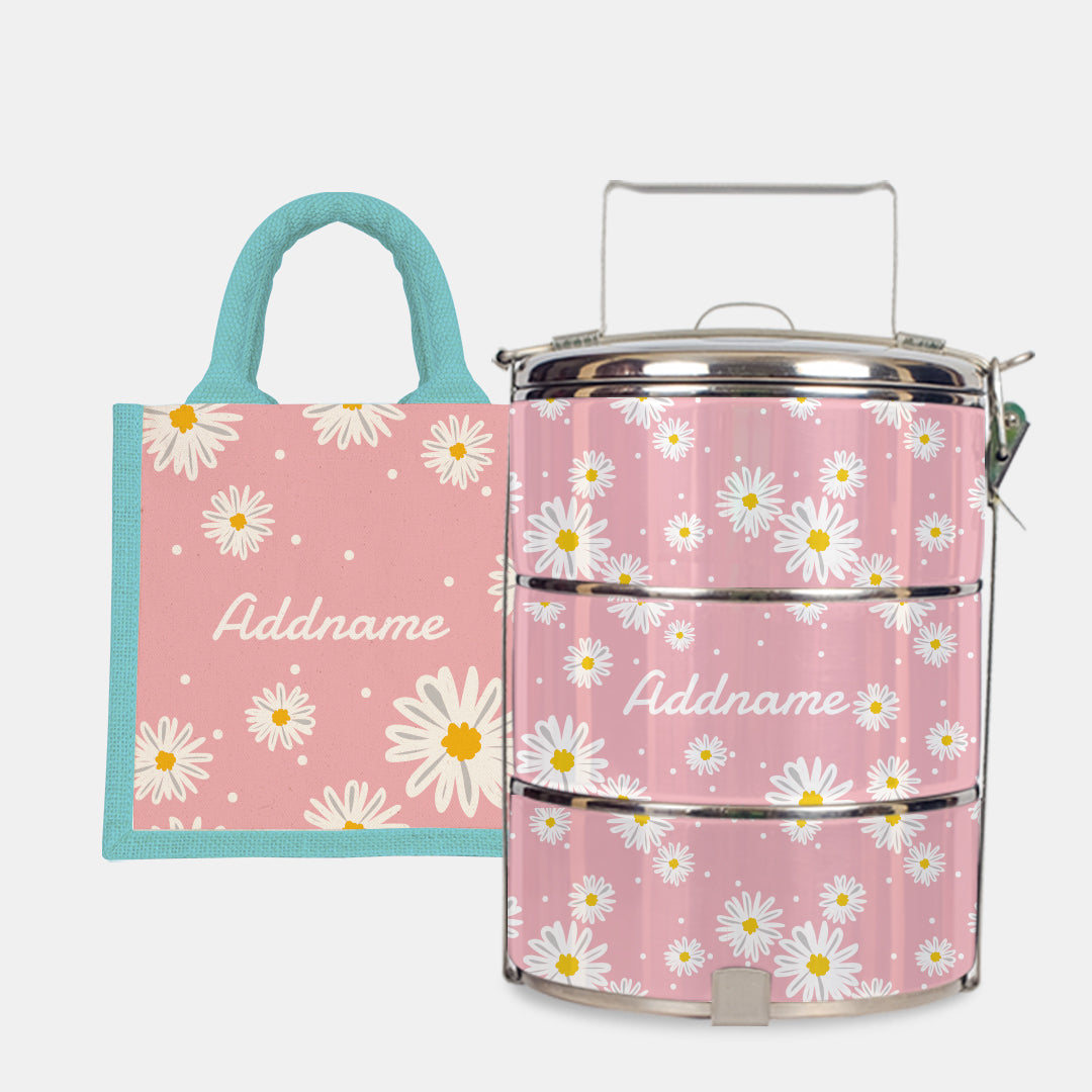 Daisy Series Half Lining Lunch Bag Wtih Standard Tiffin Carrier - Blush Light Blue