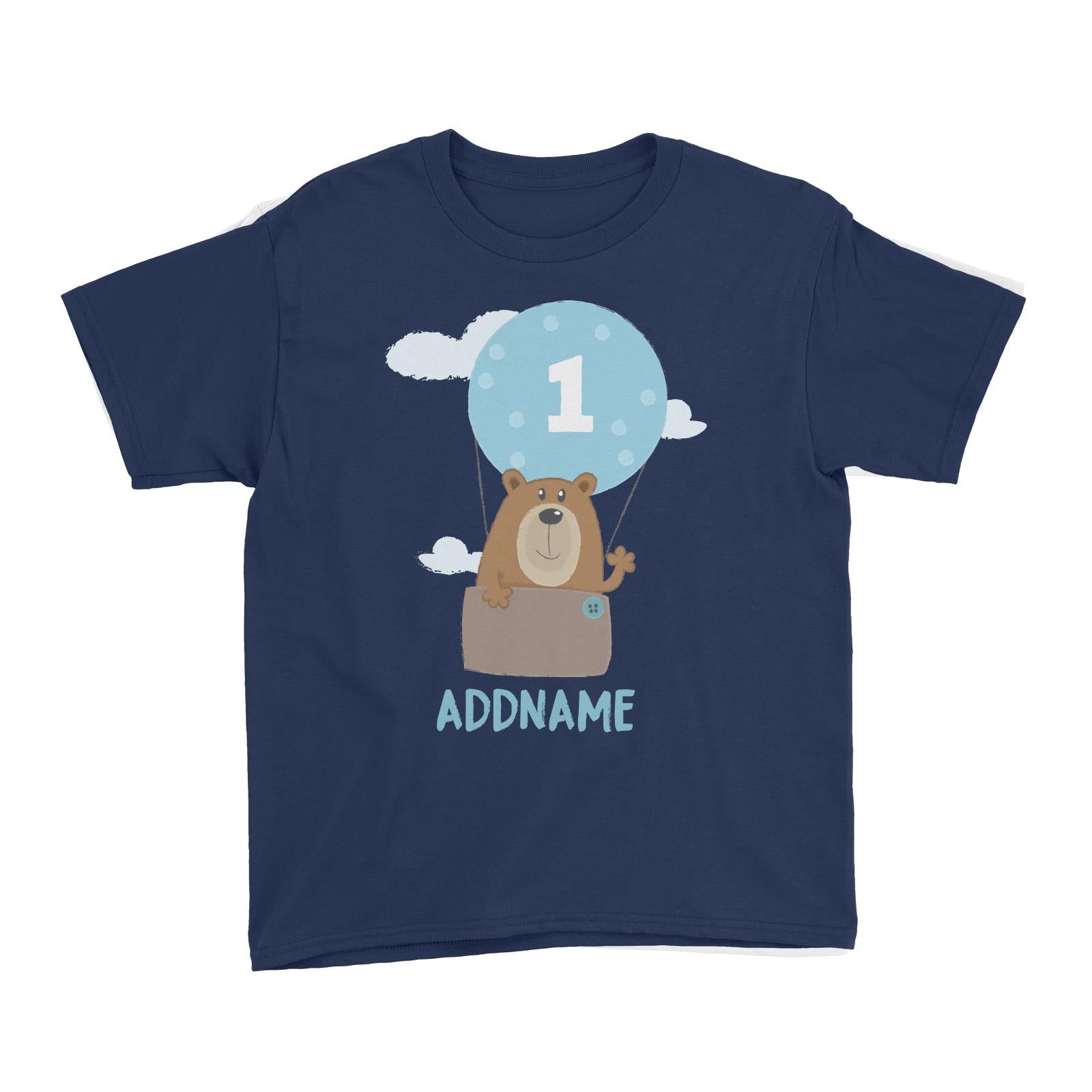 Cute Bear Boy with Hot Air Balloon Birthday Theme Personalizable with Name and Number Kid's T-Shirt