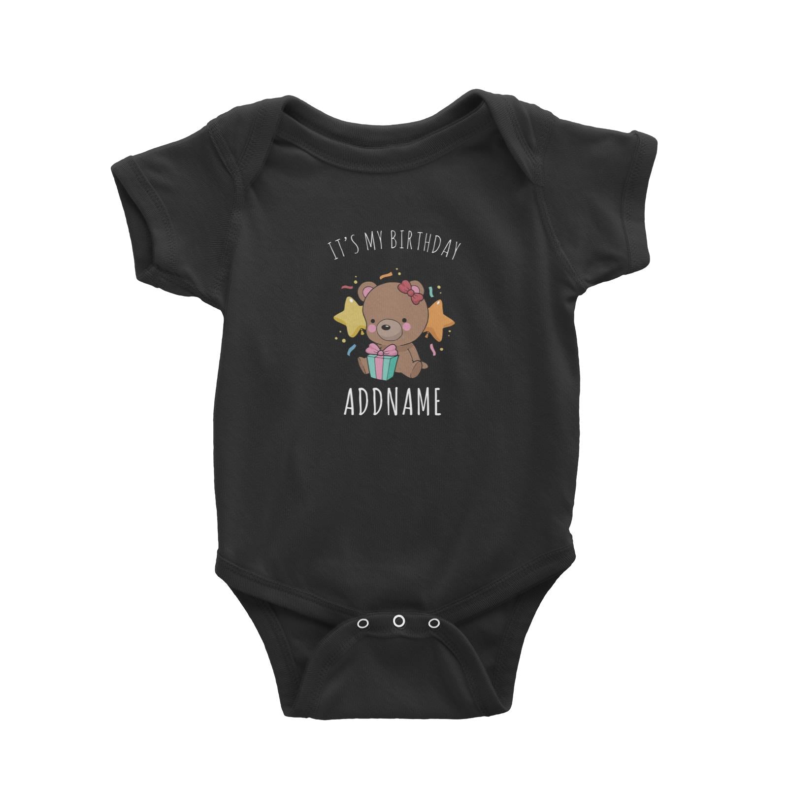 Birthday Sketch Animals Bear with Present It's My Birthday Addname Baby Romper