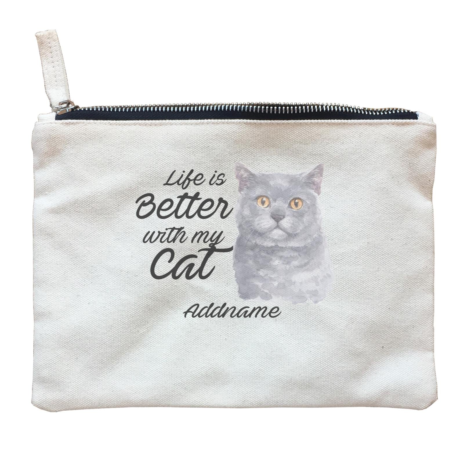 Watercolor Life is Better With My Cat British Shorthair Grey Addname Zipper Pouch