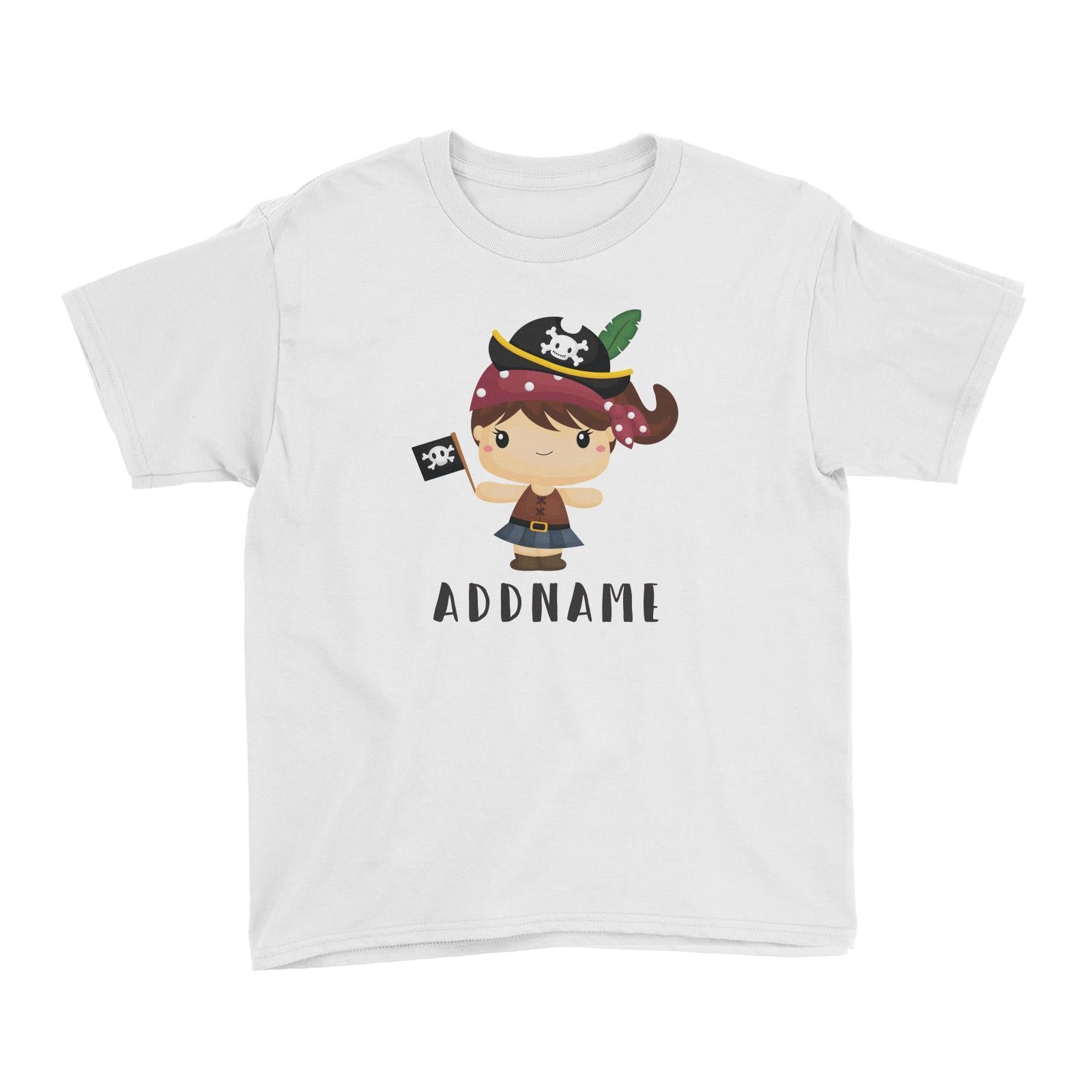 Birthday Pirate Happy Girl Captain Holding Pirate Flag Addname Kid's T-Shirt