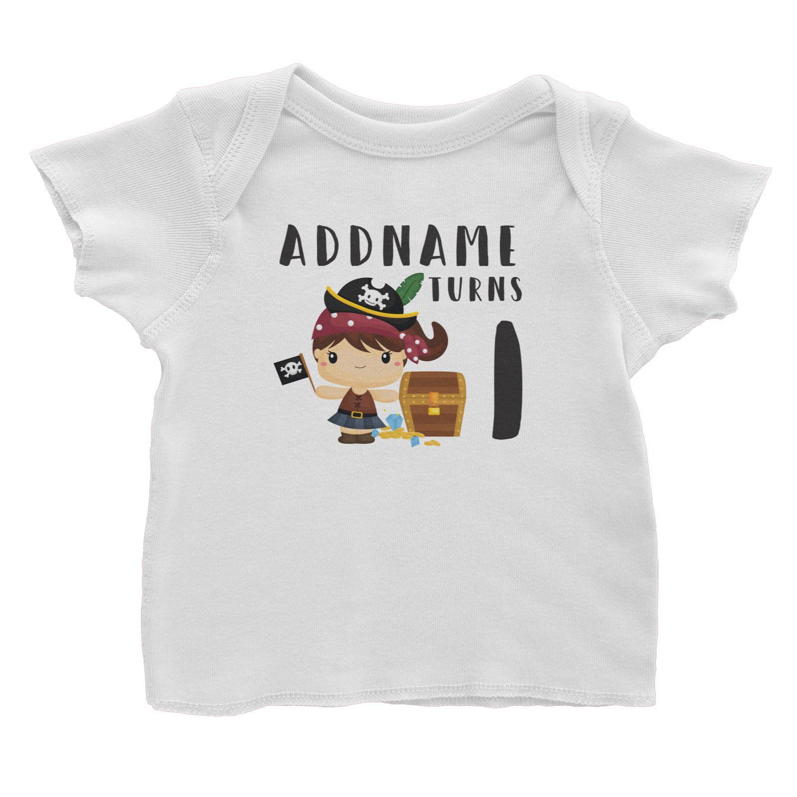 Birthday Pirate Happy Girl Captain With Treasure Chest Addname Turns 1 Baby T-Shirt