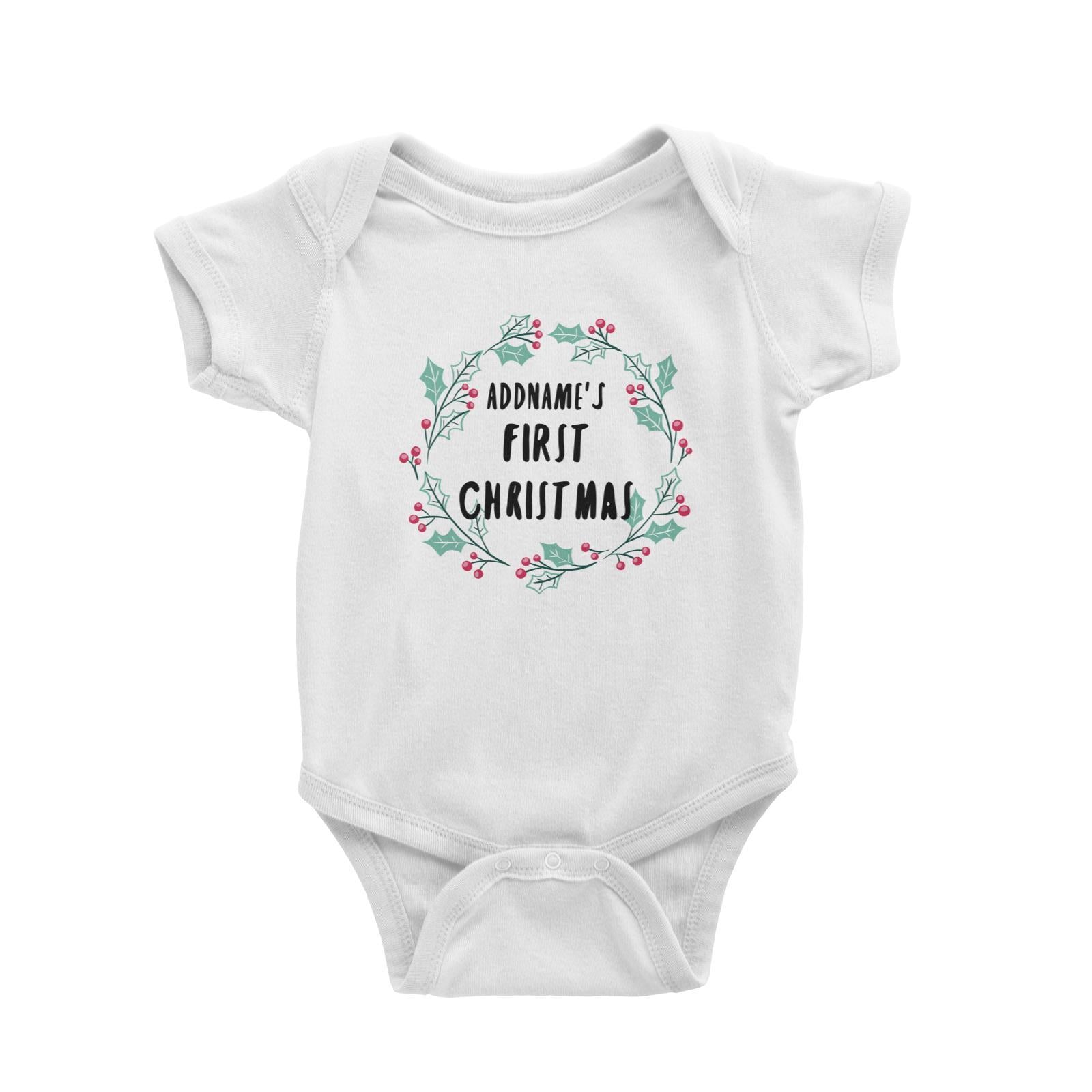 Holly Wreath Addname's First Christmas Baby Romper  Personalizable Designs