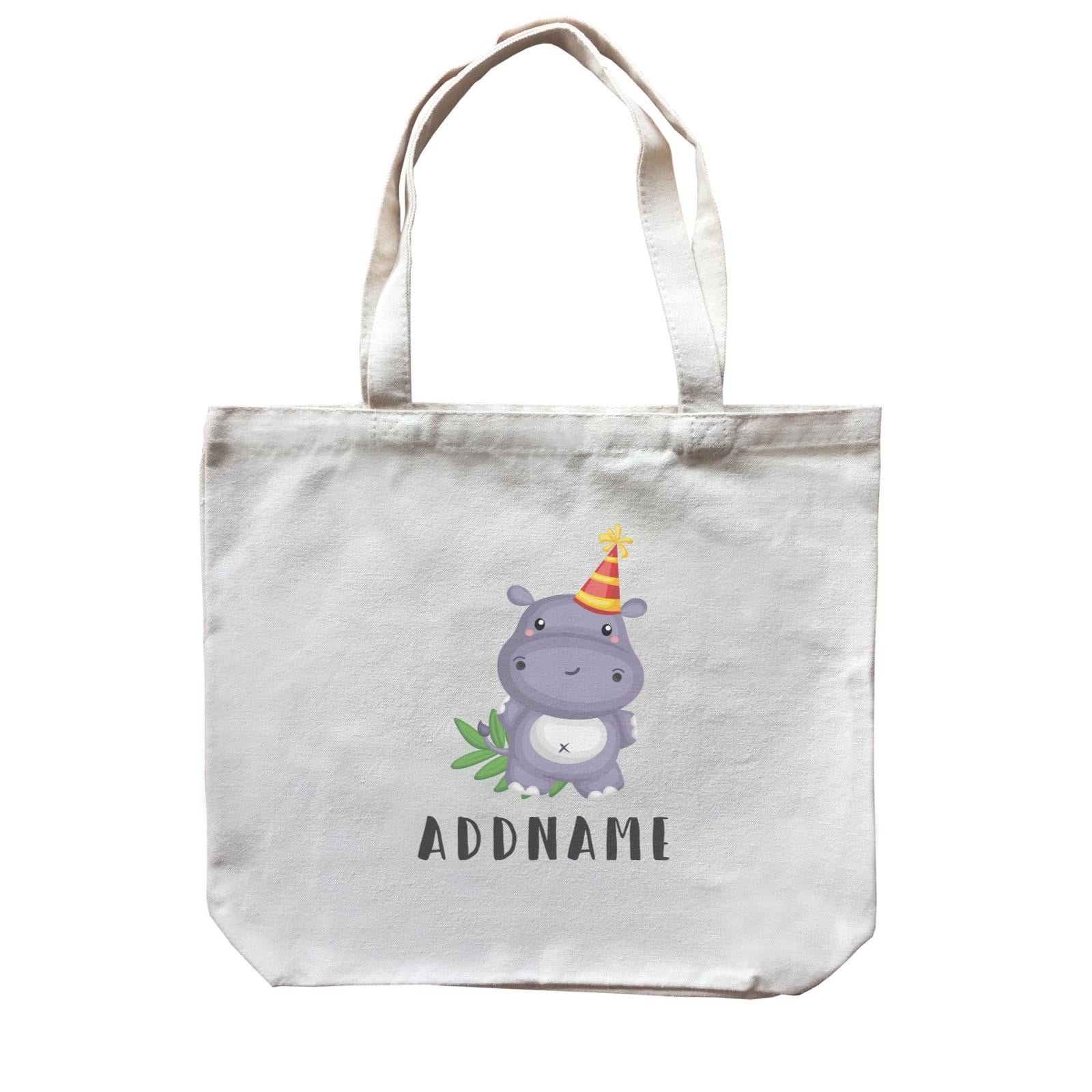 Birthday Safari Hippo Wearing Party Hat Addname Canvas Bag