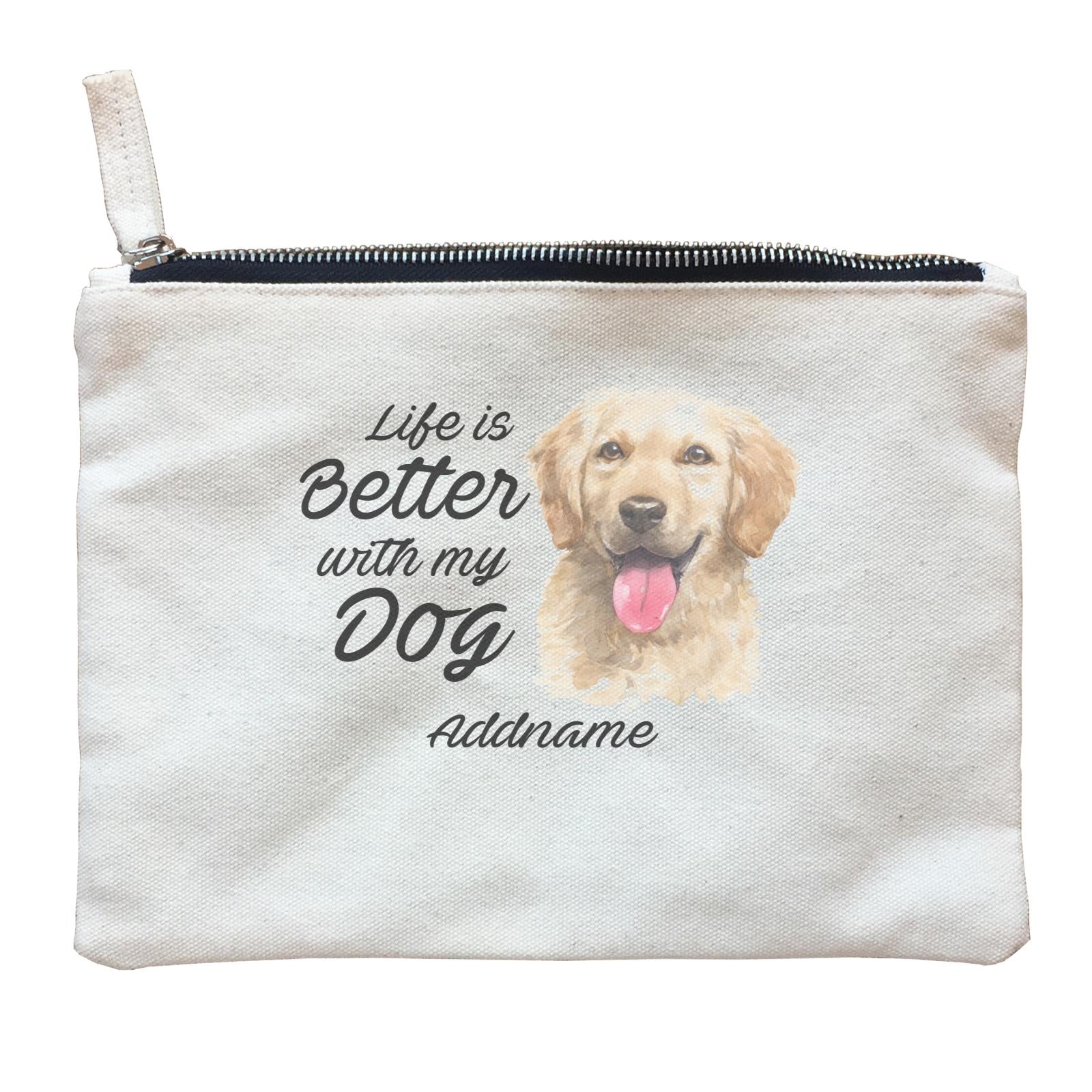 Watercolor Life is Better With My Dog Golden Retriever Front Addname Zipper Pouch