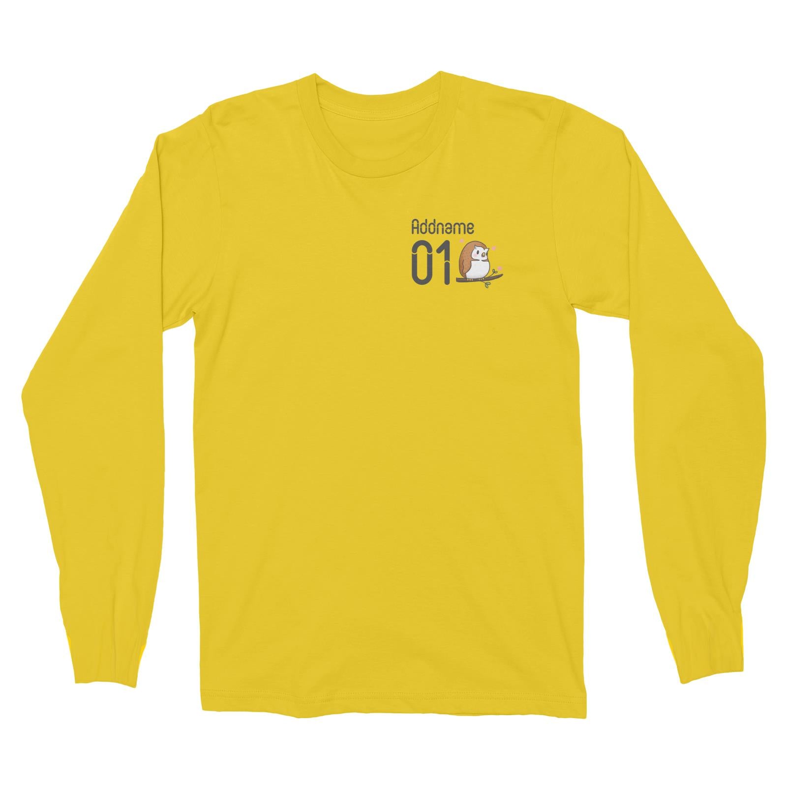Pocket Name and Number Cute Hand Drawn Style Owl Long Sleeve Unisex T-Shirt