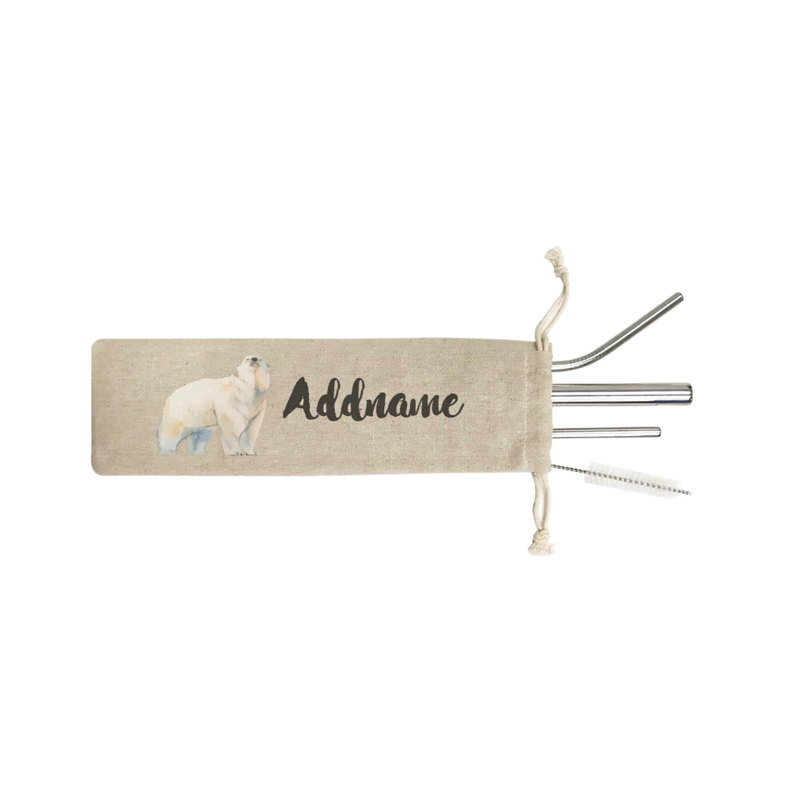 Watercolour Animal Sweet Polar Bear Standing Addname SB 4-in-1 Stainless Steel Straw Set In a Satchel