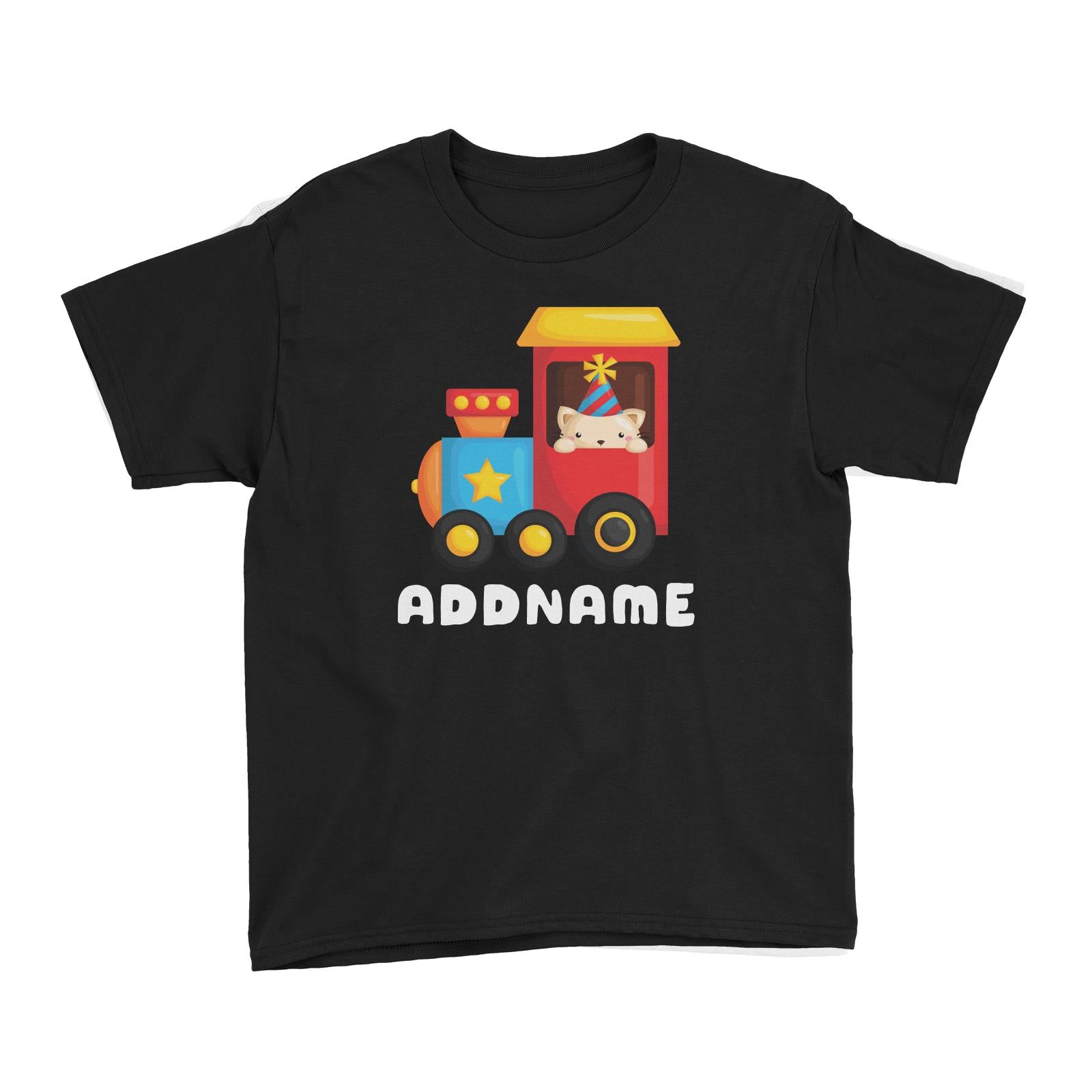Birthday Fun Train Cat Wearing Party Hat Addname Kid's T-Shirt