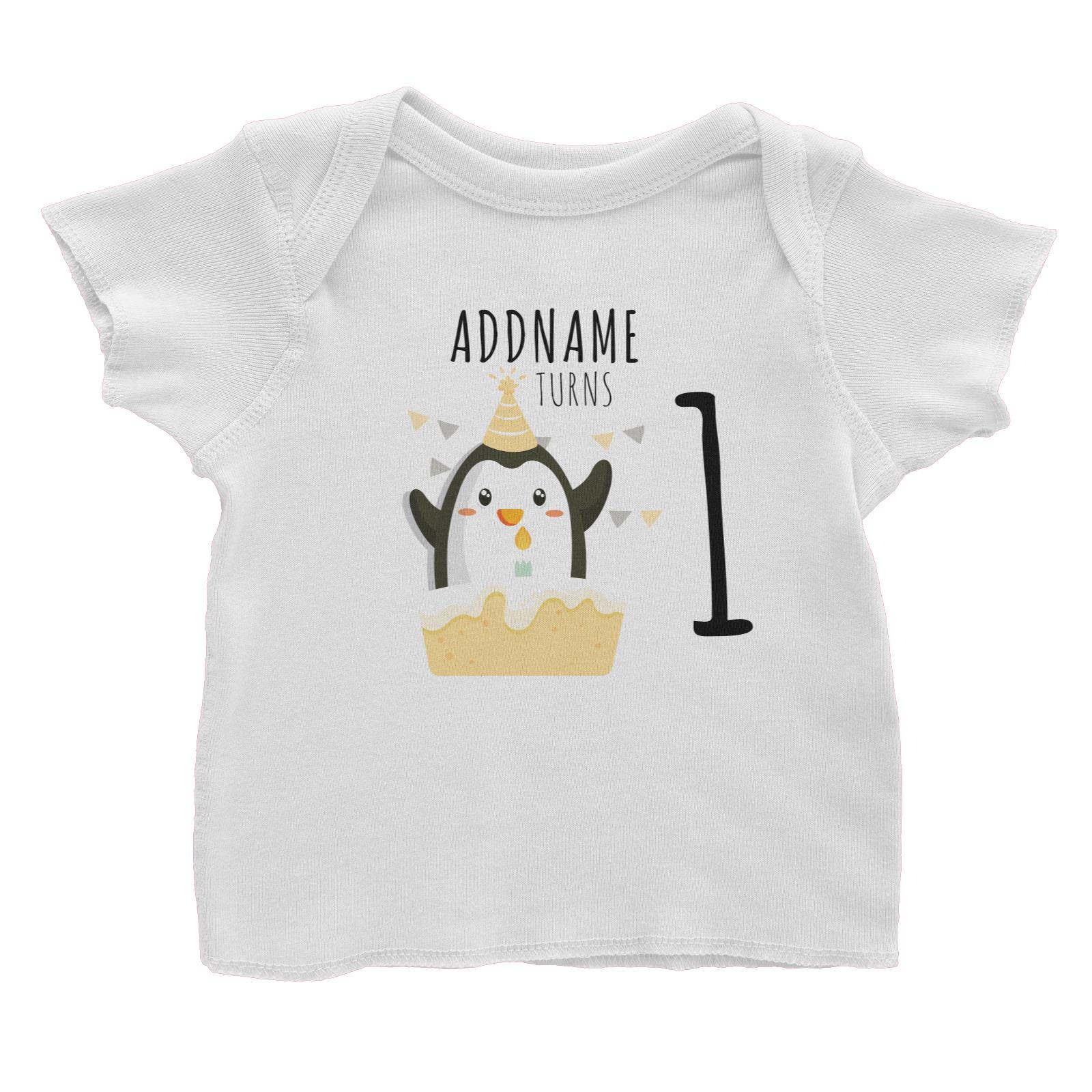 Birthday Cute Penguin And Cake Addname Turns 1 Baby T-Shirt