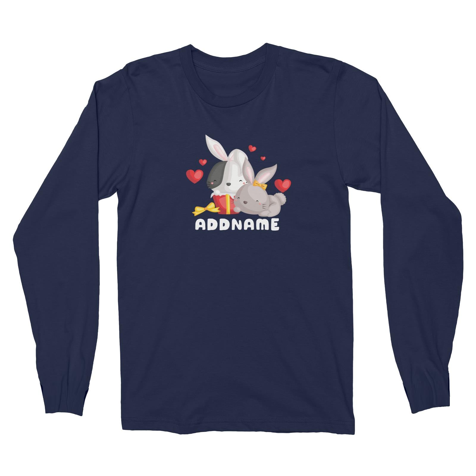 Birthday Friendly Animals Happy Two Rabbits Open Present Addname Long Sleeve Unisex T-Shirt
