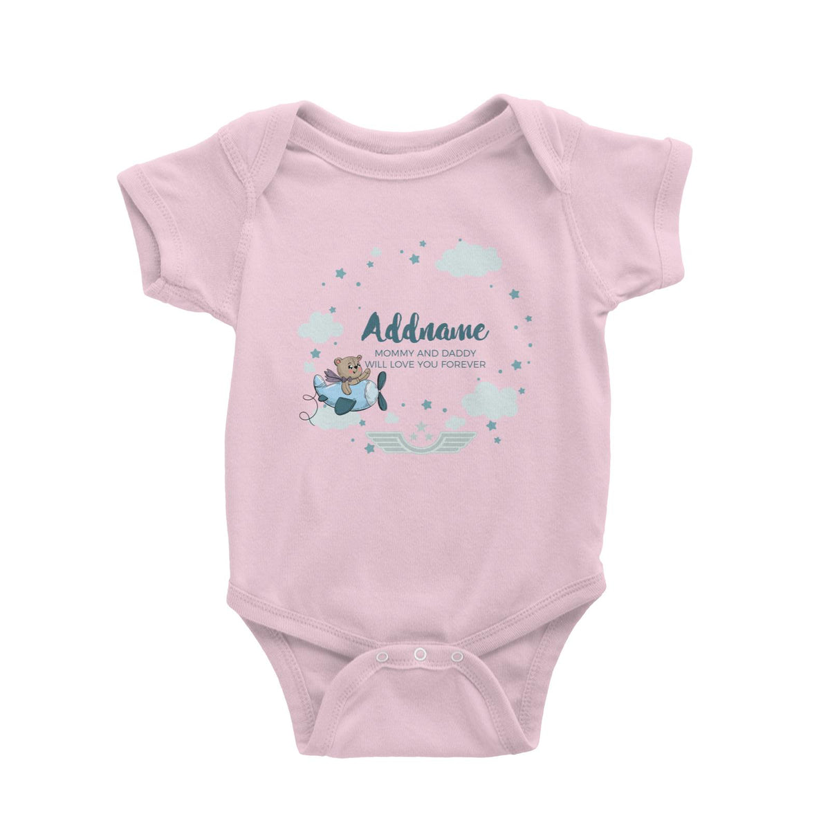 Cute Bear Pilot in Blue Plane Clouds and Stars Element Personalizable with Name and Text Baby Romper