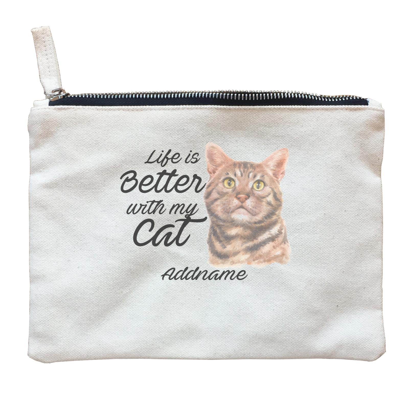 Watercolor Life is Better With My Cat Brown American Shorthair Cat Addname Zipper Pouch