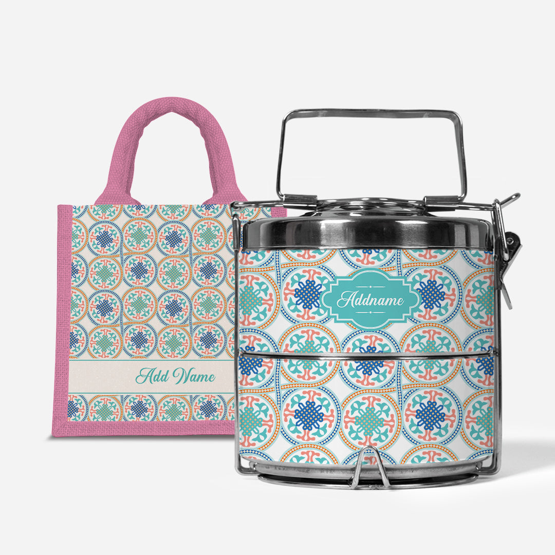 Moroccan Series Premium Two Tier Tiffin With Half Lining Lunch Bag  - Chahid Light Pink