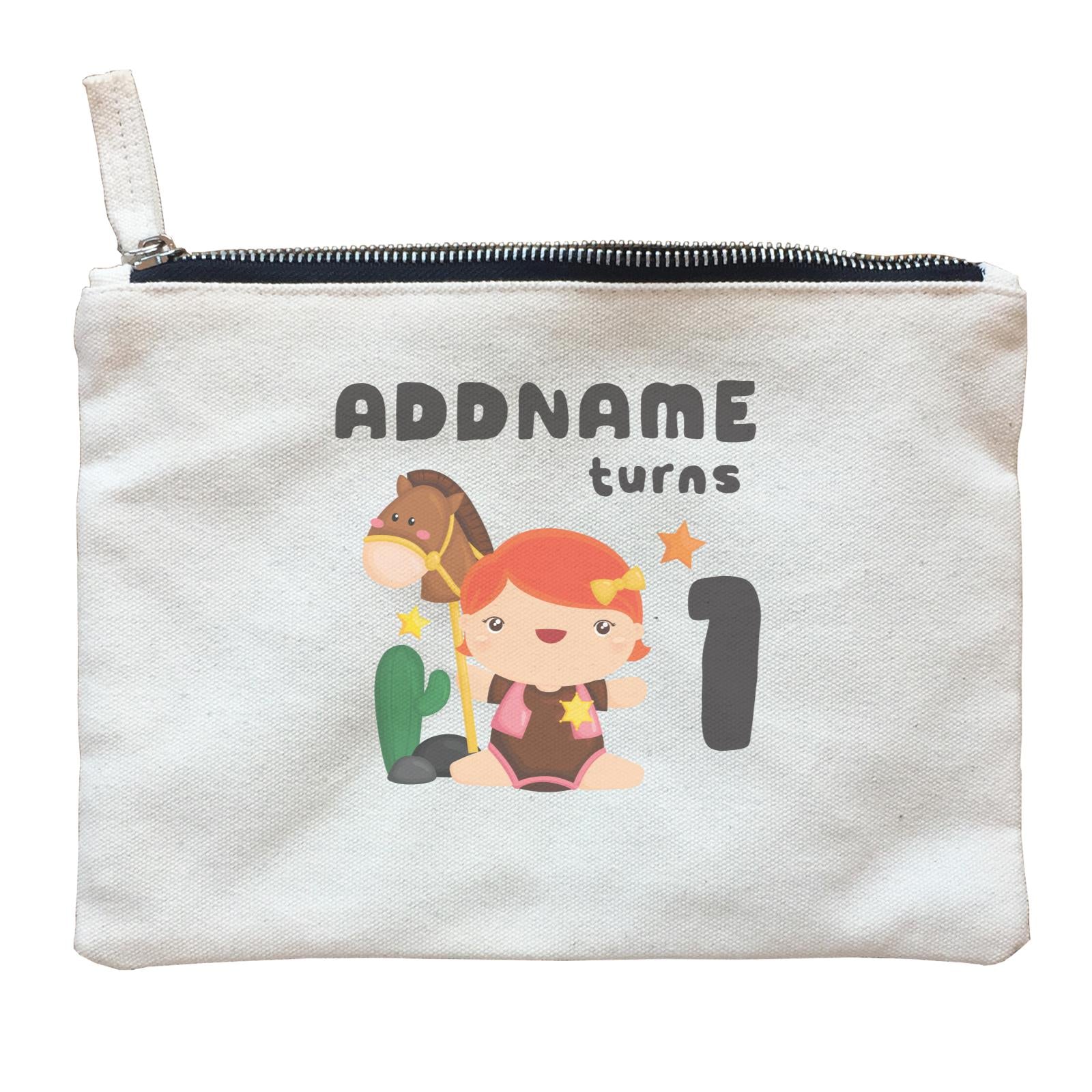 Birthday Cowboy Style Little Cowgirl Holding Toy Horse Addname Turns 1 Zipper Pouch
