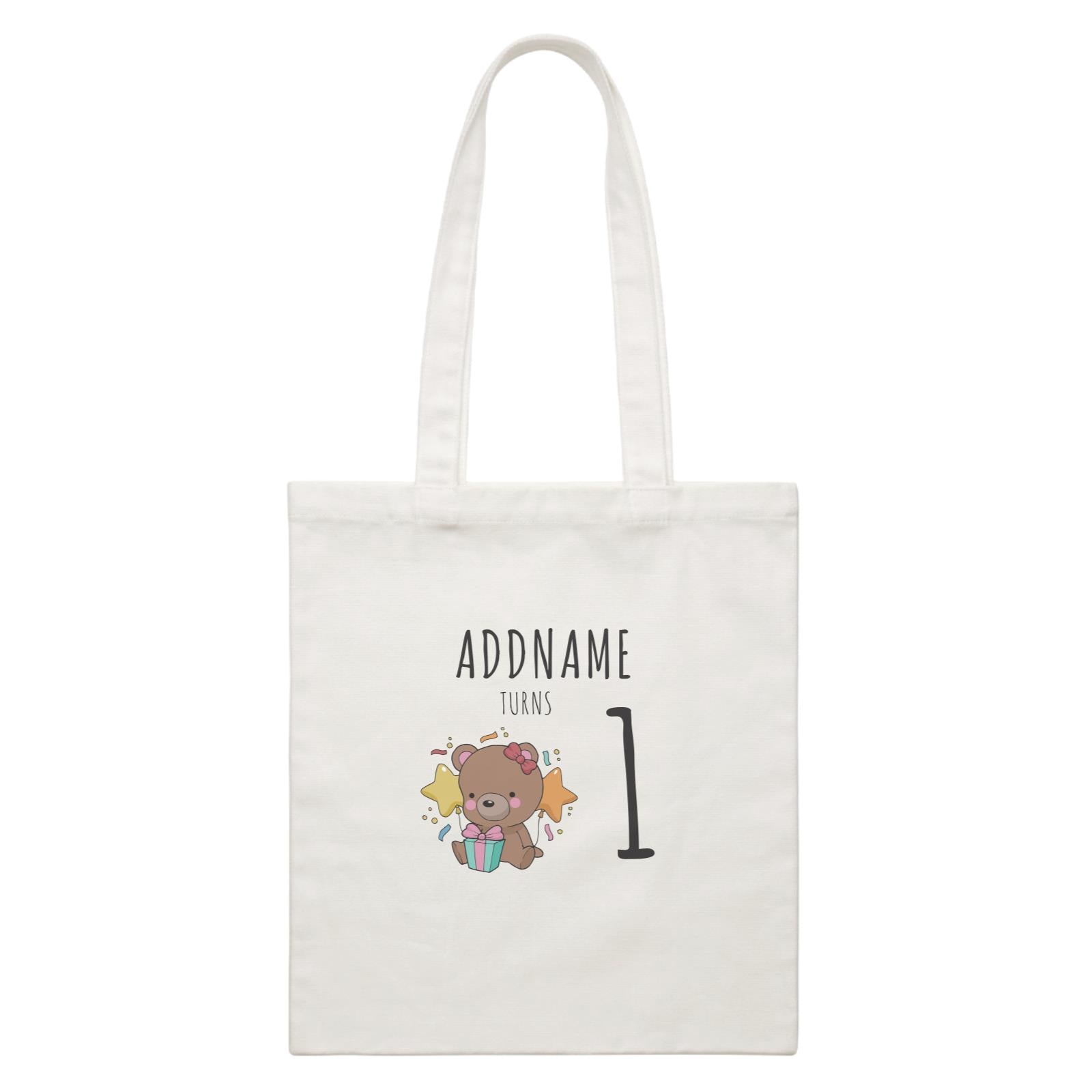 Birthday Sketch Animals Bear with Present Addname Turns 1 White Canvas Bag