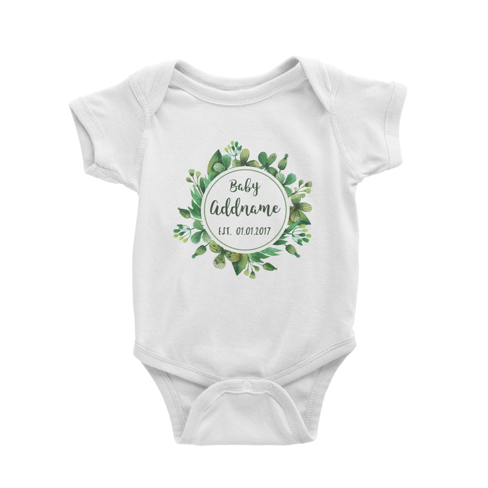 Baby Addname and Add Date in Green Leaf Wreath Baby Romper Personalizable Designs Basic Newborn