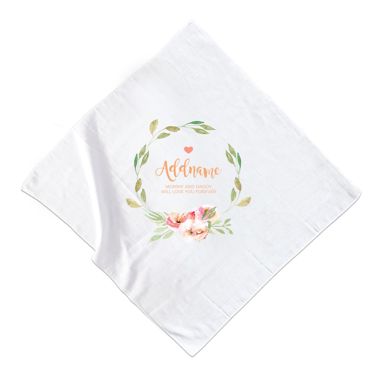 Watercolour Sweet Pink Flowers Wreath Personalizable with Name and Text Muslin Square