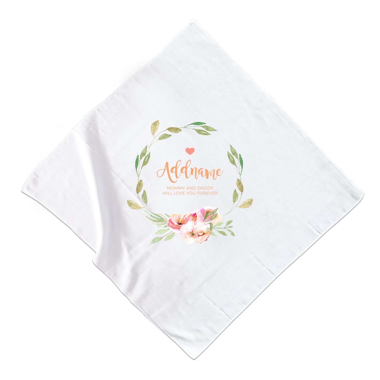 Watercolour Sweet Pink Flowers Wreath Personalizable with Name and Text Muslin Square