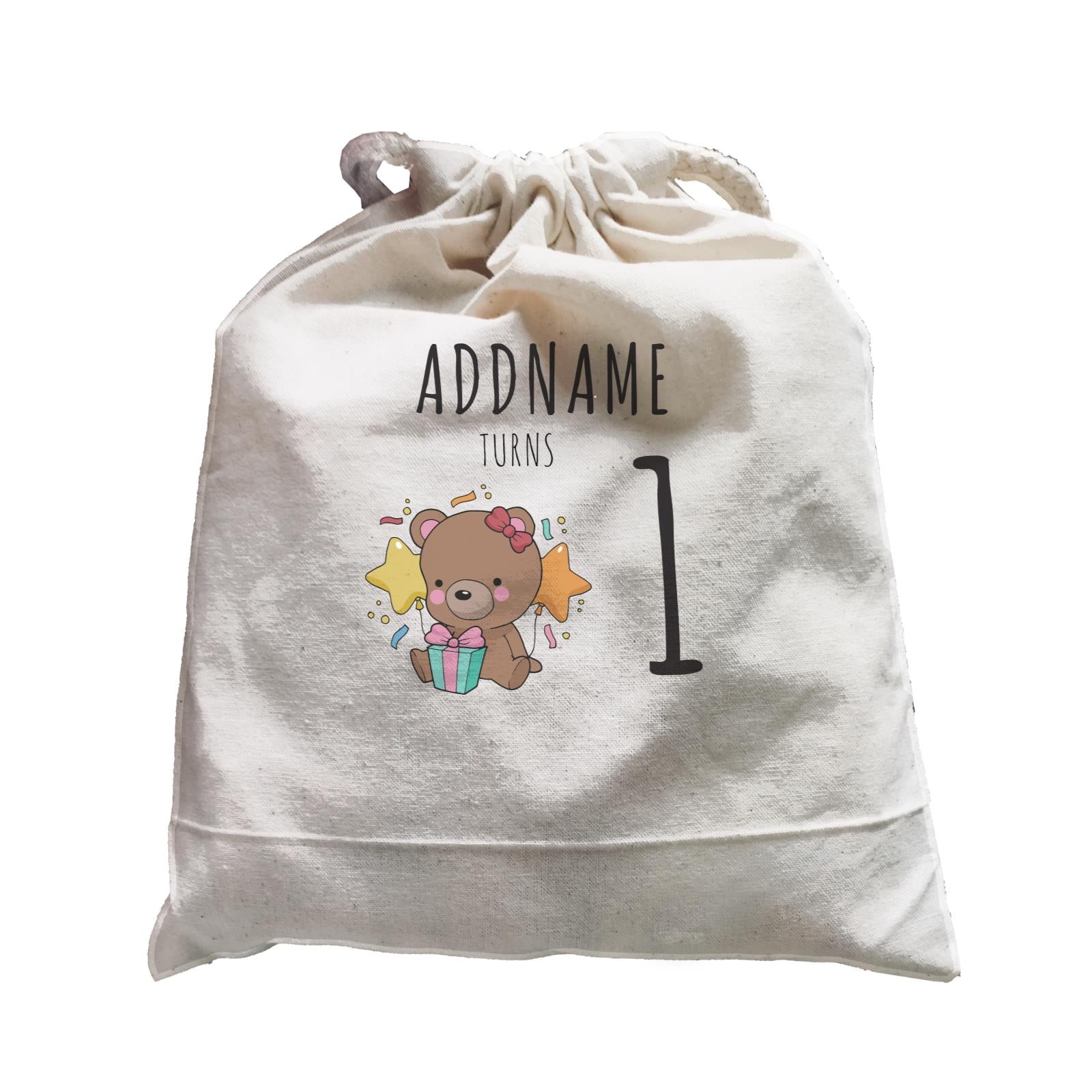 Birthday Sketch Animals Bear with Present Addname Turns 1 Satchel