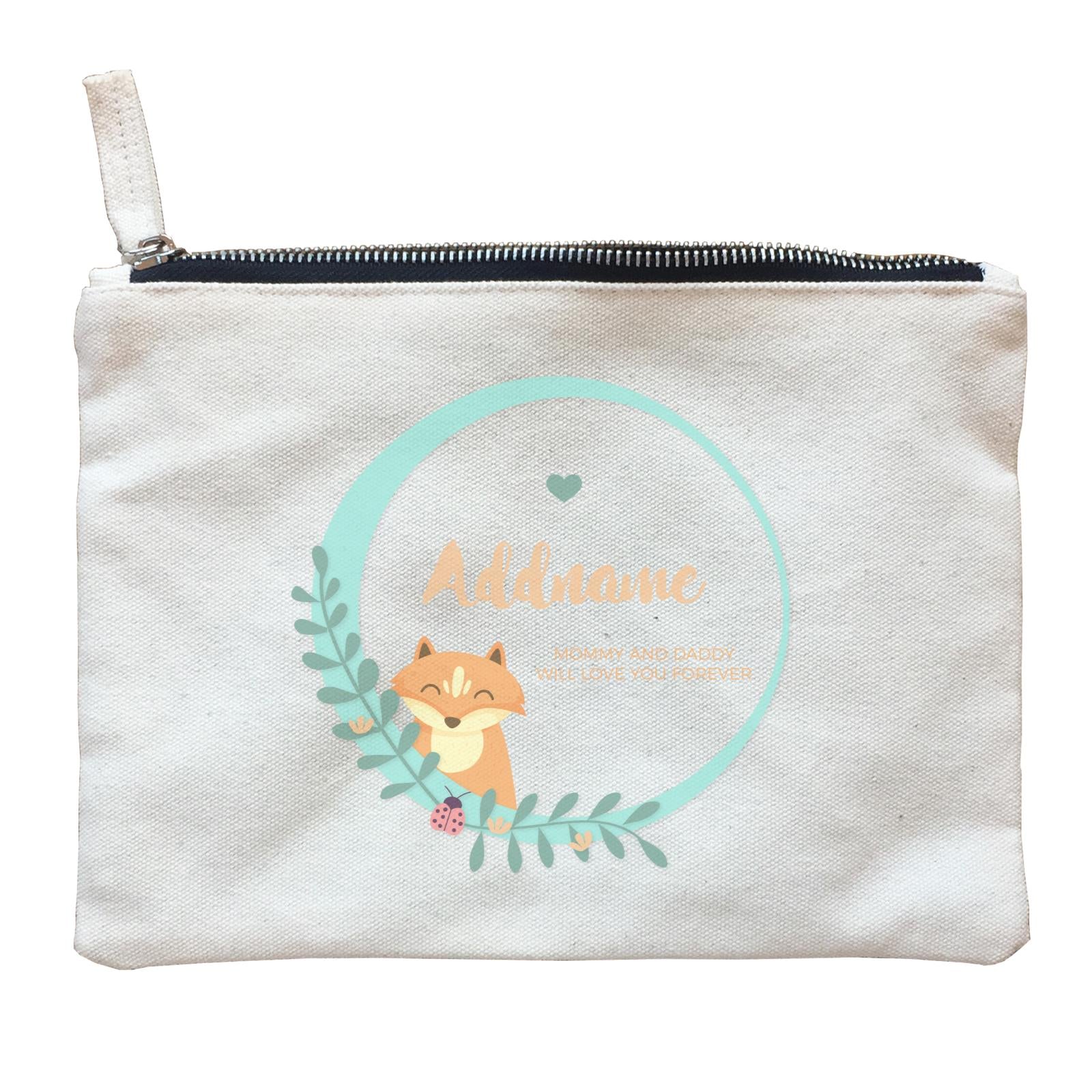 Cute Brown Fox in Turqoise Ring Personalizable with Name and Text Zipper Pouch