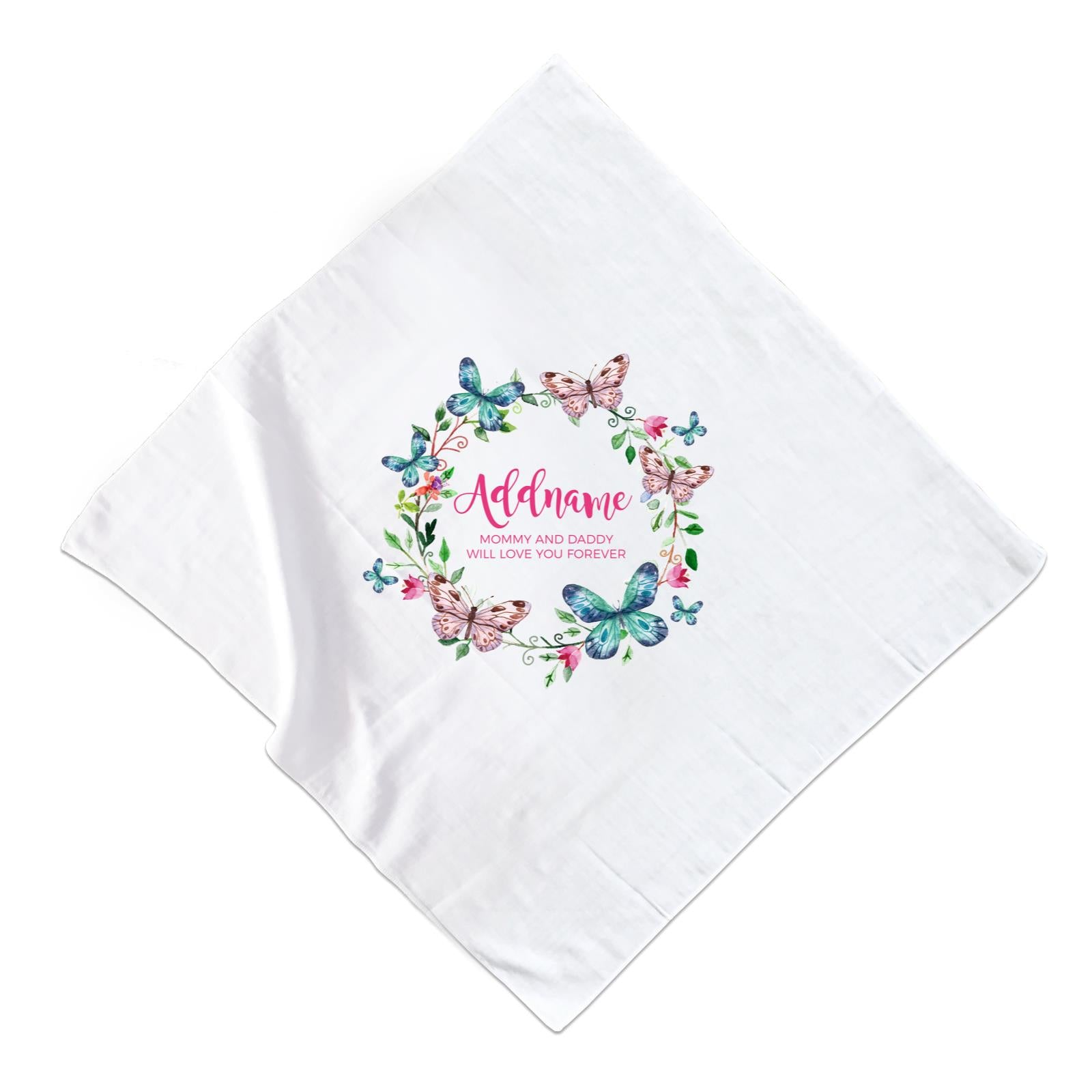 Colourful Butterflies Wreath Personalizable with Name and Text Muslin Square