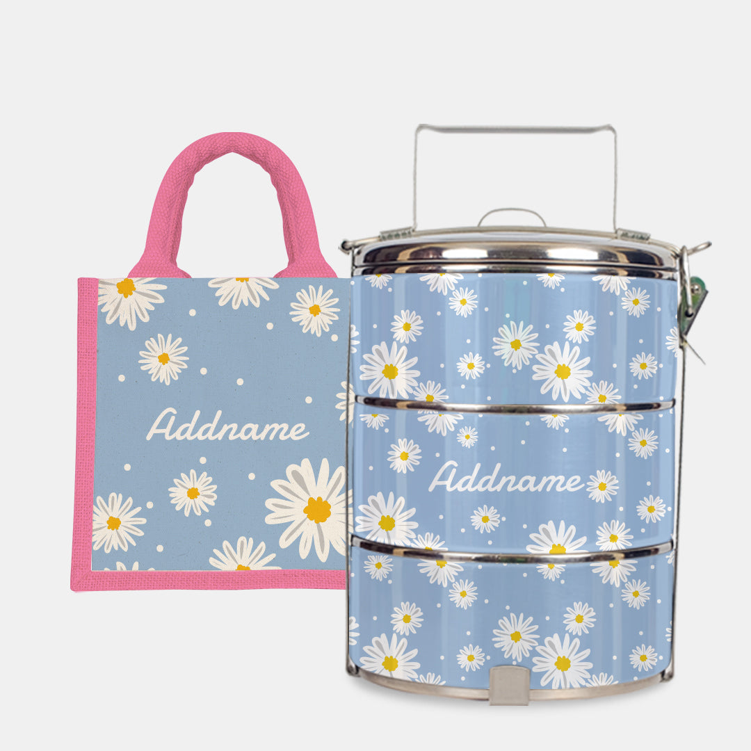 Daisy Series Half Lining Lunch Bag Wtih Standard Tiffin Carrier - Frost Light Pink
