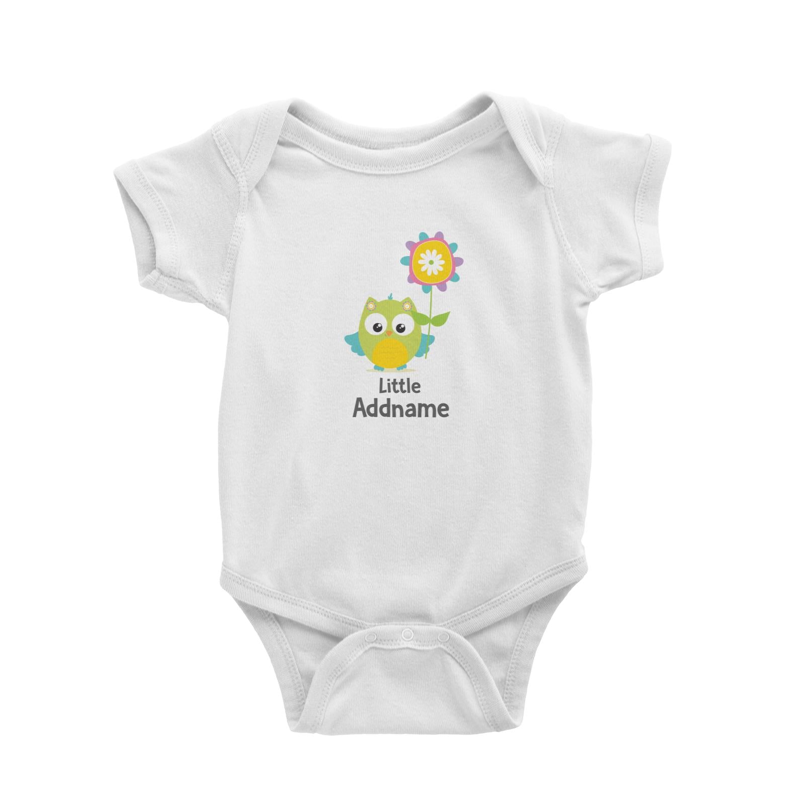 Cute Owls Green with Flower Little Addname White Baby Romper