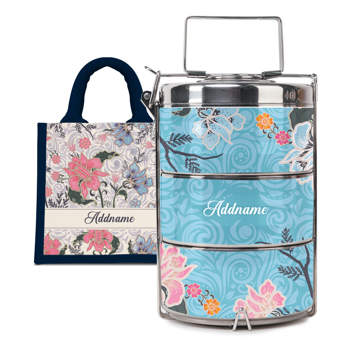 Modern Mahsuri Blue - Lunch Tote Bag with Three-Tier Tiffin Carrier