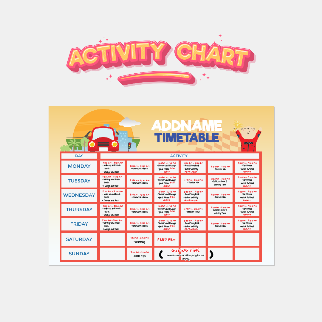 Kiddies Essentials - Kids Time Table Cute Cars