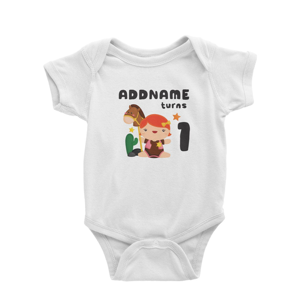 Birthday Cowboy Style Little Cowgirl Holding Toy Horse Addname Turns 1 Baby Romper