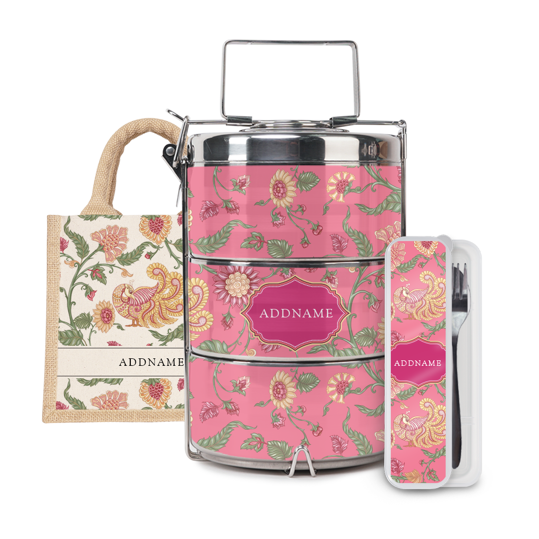 Batik Series - Cempaka Half Lining Lunch Bag, Tiffin Carrier and Cutlery Set