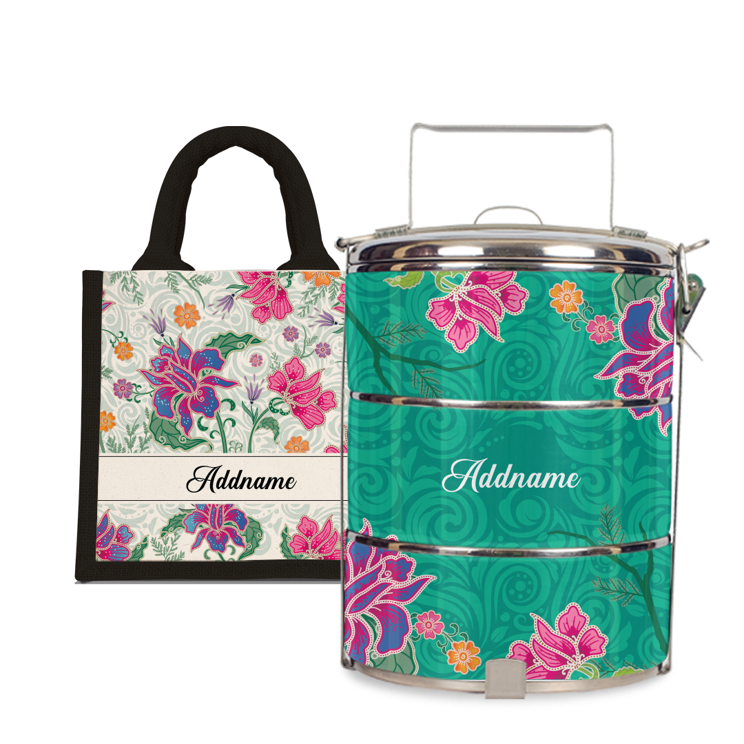 Modern Mahsuri Green - Lunch Tote Bag with Three-Tier Tiffin Carrier