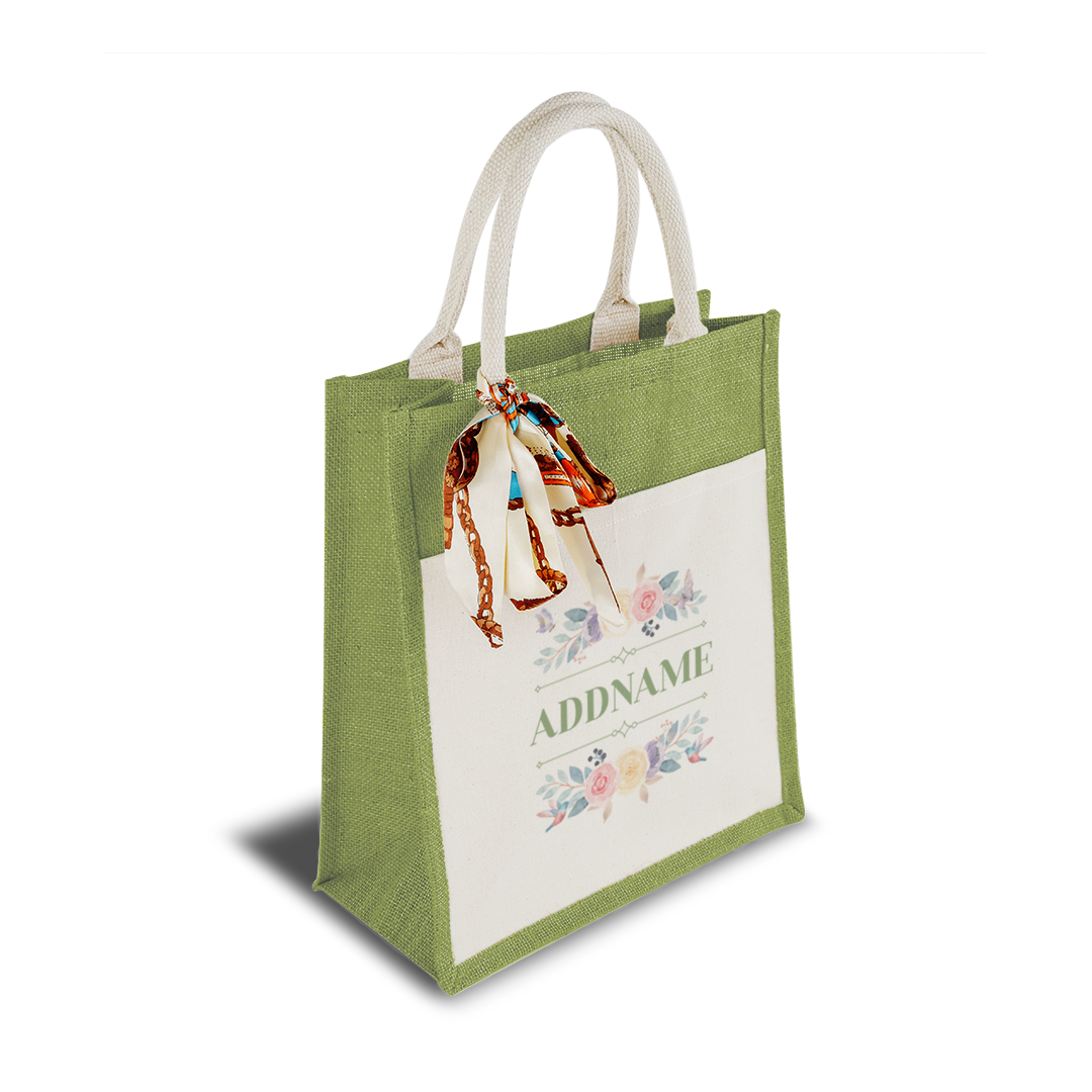 Le Fleur Series Raffinée Olive Green Colourful Jute Bag With Front Pocket