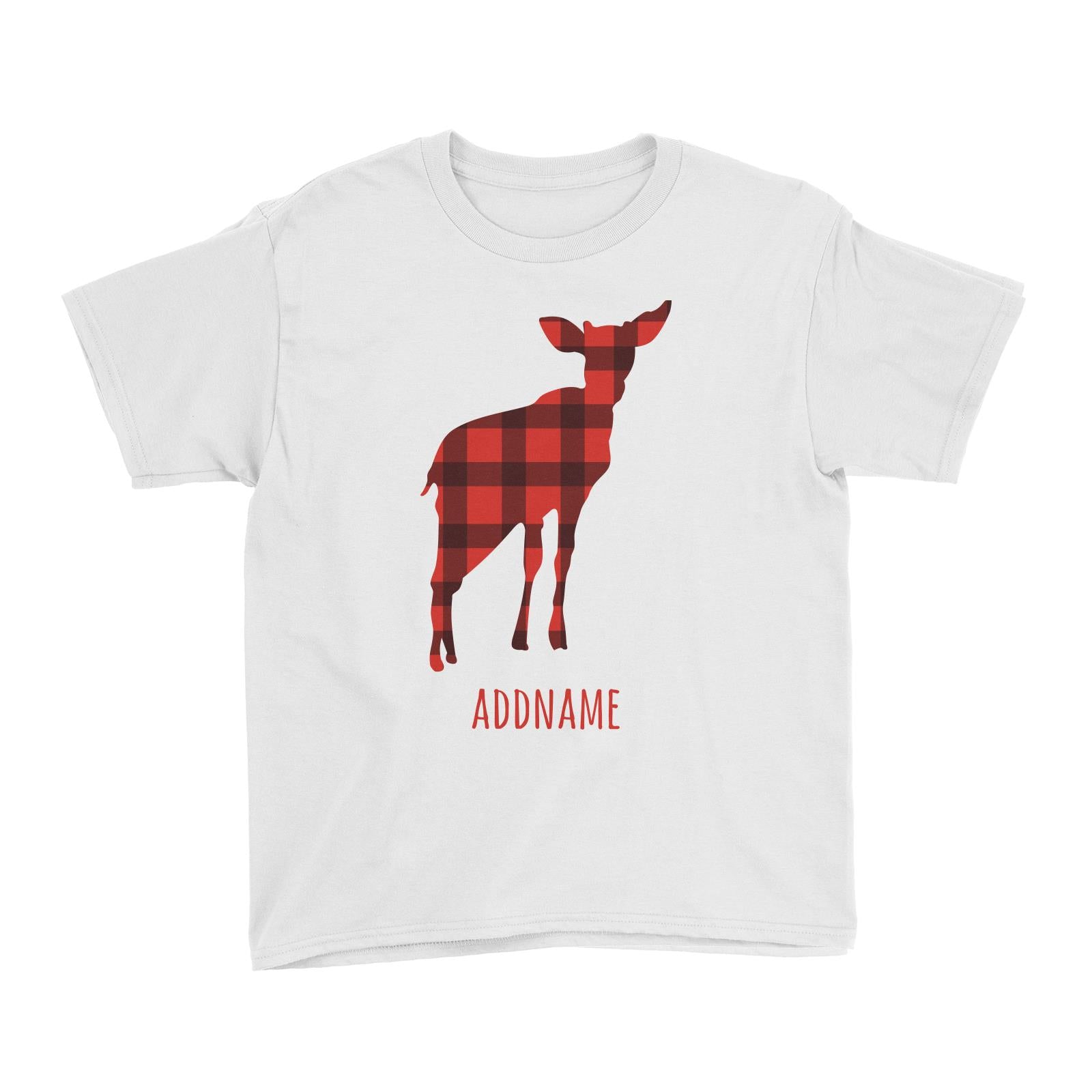Baby Deer Silhouette Checkered Pattern Addname Kid's T-Shirt Christmas Matching Family Animal Personalizable Designs