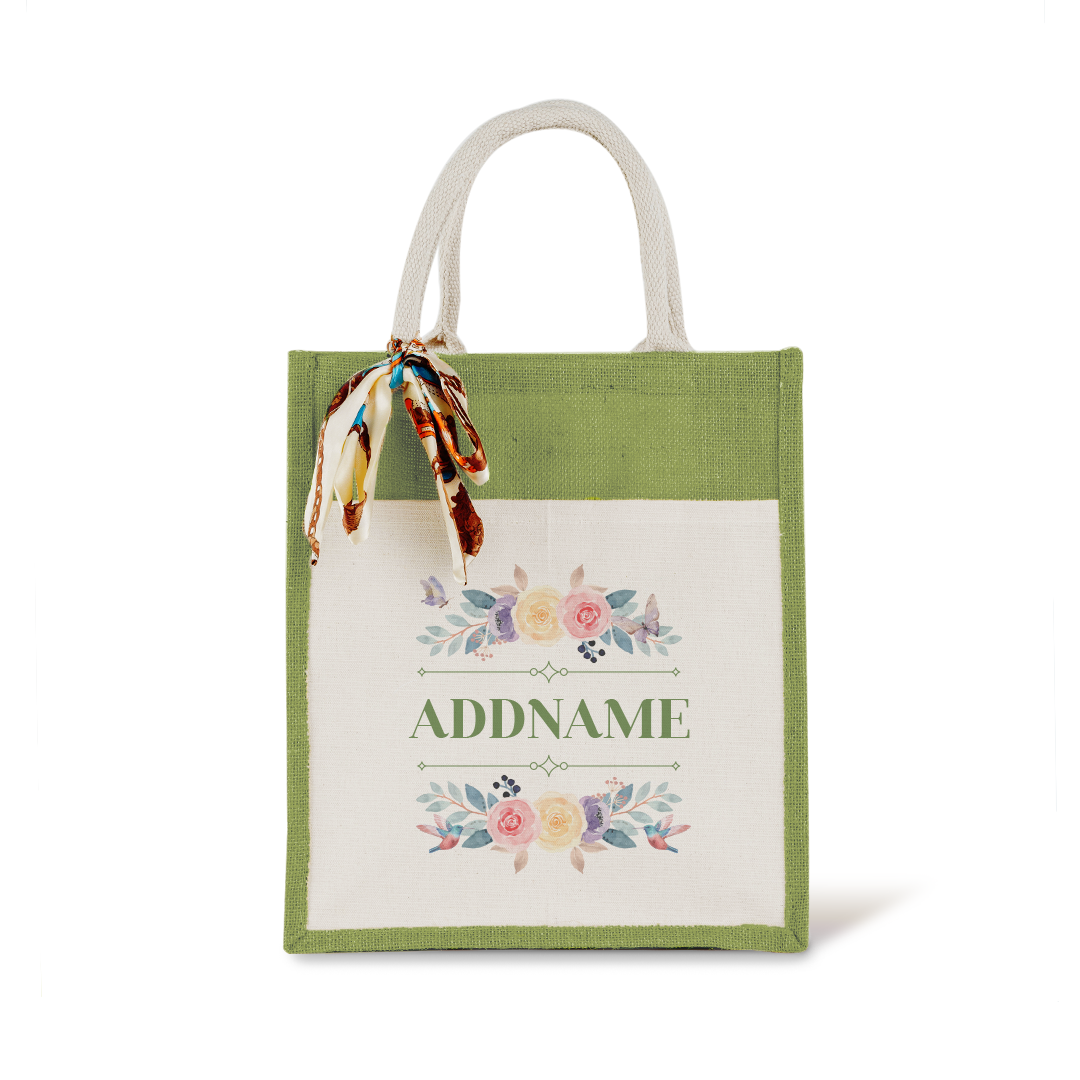 Le Fleur Series Raffinée Olive Green Colourful Jute Bag With Front Pocket