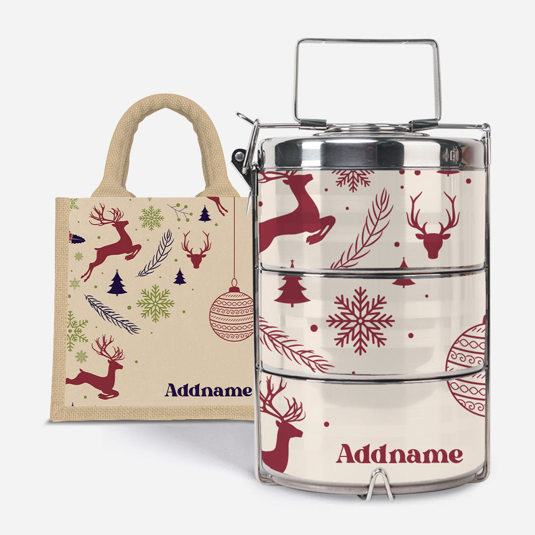 Christmas Series Premium Tiffin with Half Lining Lunch Bag Jubilant Reindeers Natural