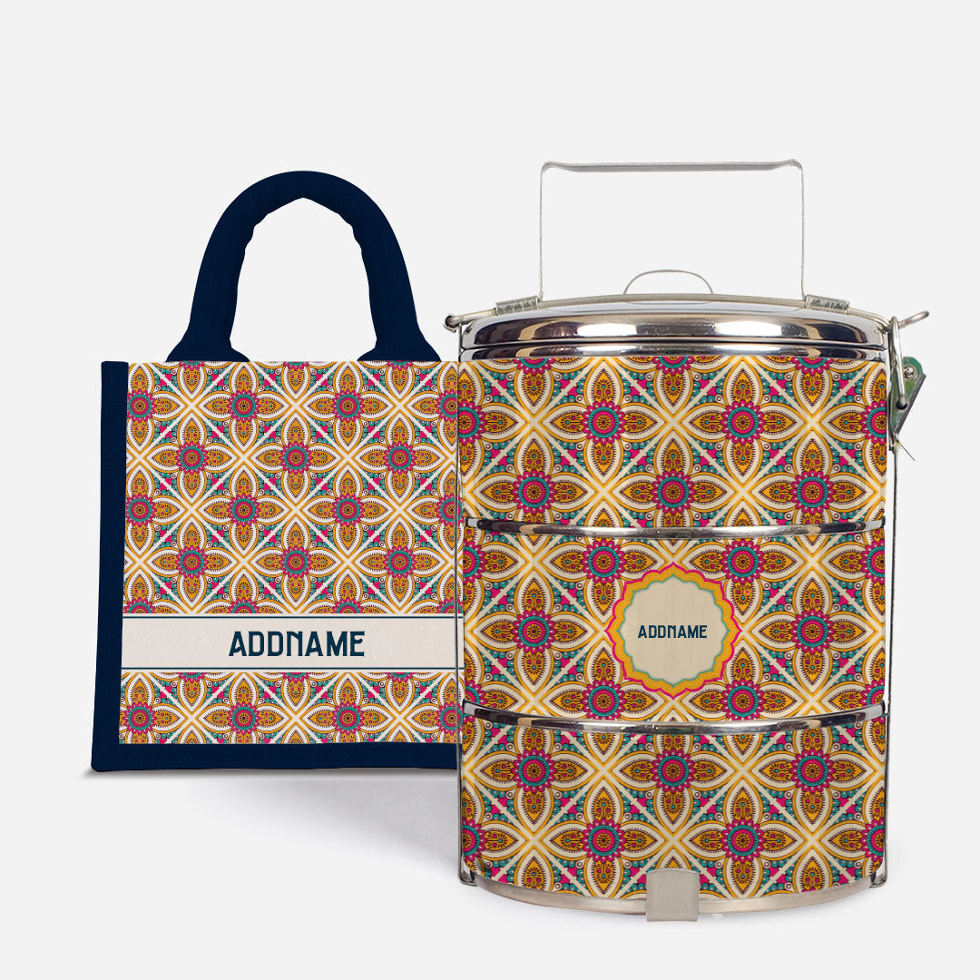 Pookal Series Standard Tiffin with Half Lining Lunch Bag - Vibrant Tiles Navy