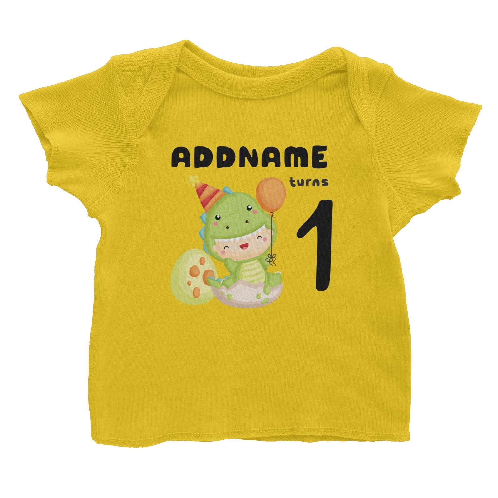 Birthday Dinosaur Happy Baby Wearing Dinosaur Suit Addname Turns 1 Baby T-Shirt