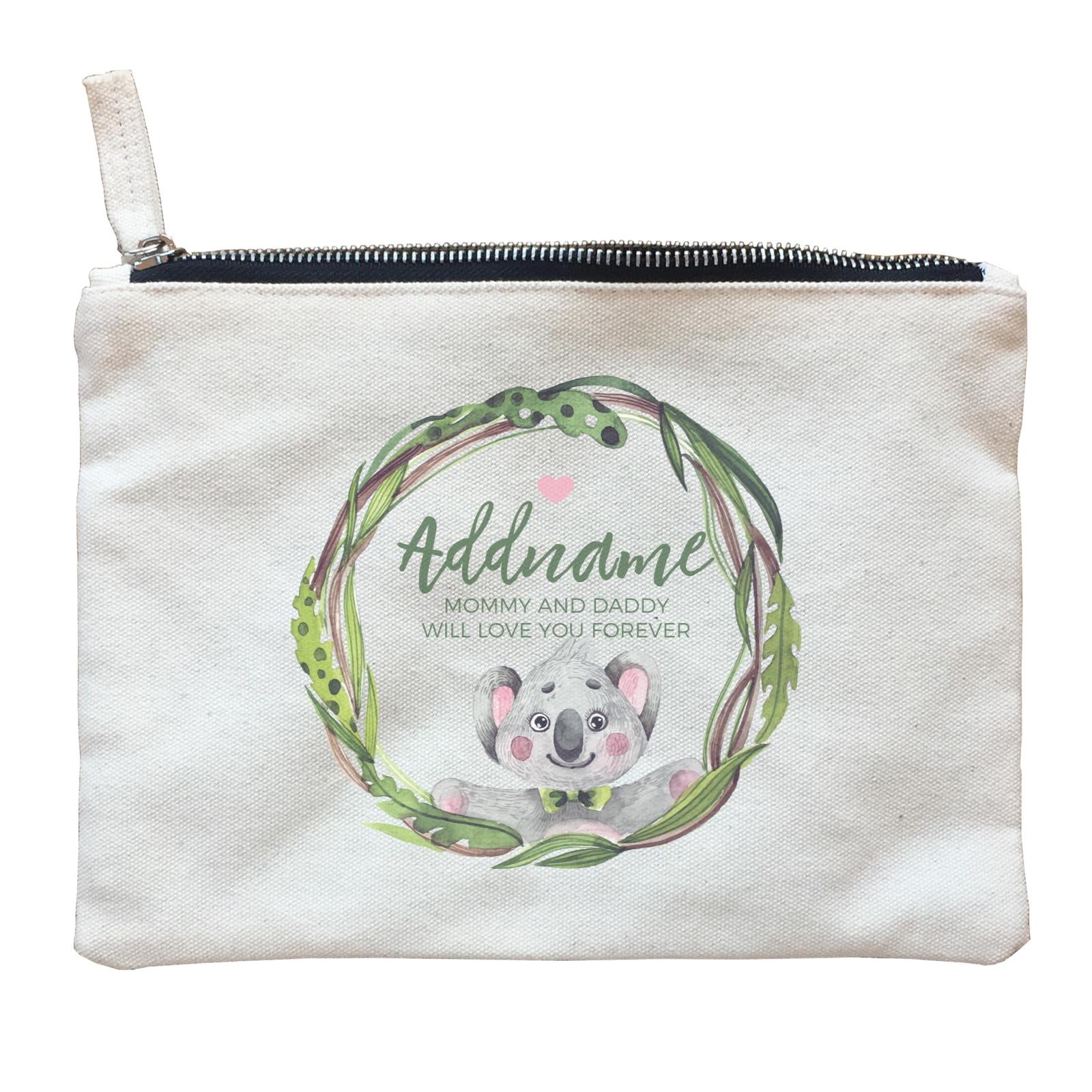 Watercolour Pink Koala Green Leaves Wreath Personalizable with Name and Text Zipper Pouch