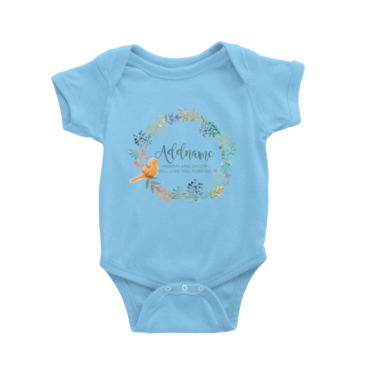Spring Flower with Bird Wreath Personalizable with Name and Text Baby Romper