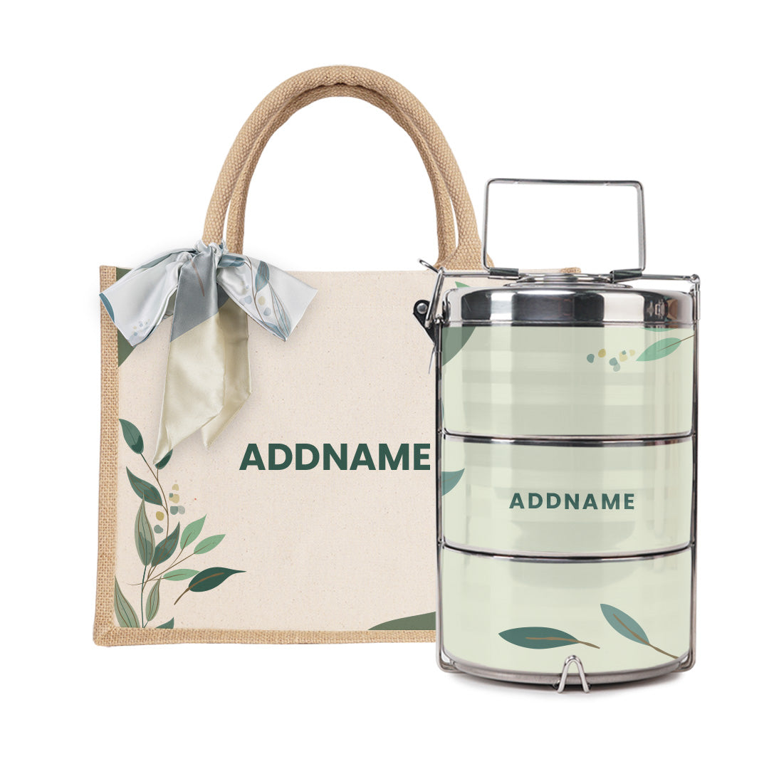 Charlotte Series - Matcha Half Lining Small Jute Bag with Tiffin Carrier