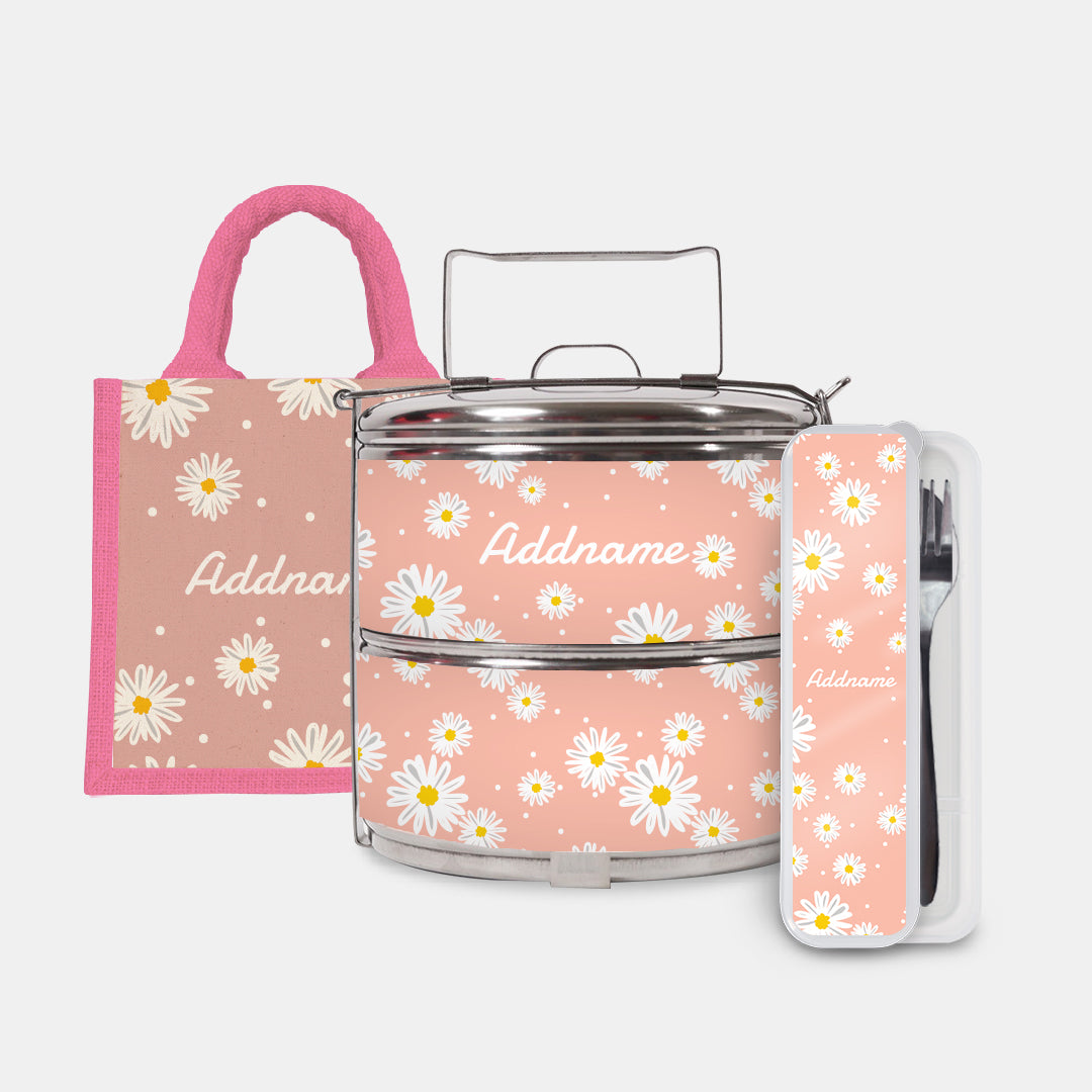 Daisy Series Half Lining Lunch Bag, Standard Two Tier Tiffin Carrier And Cutlery Set - Coral Light Pink