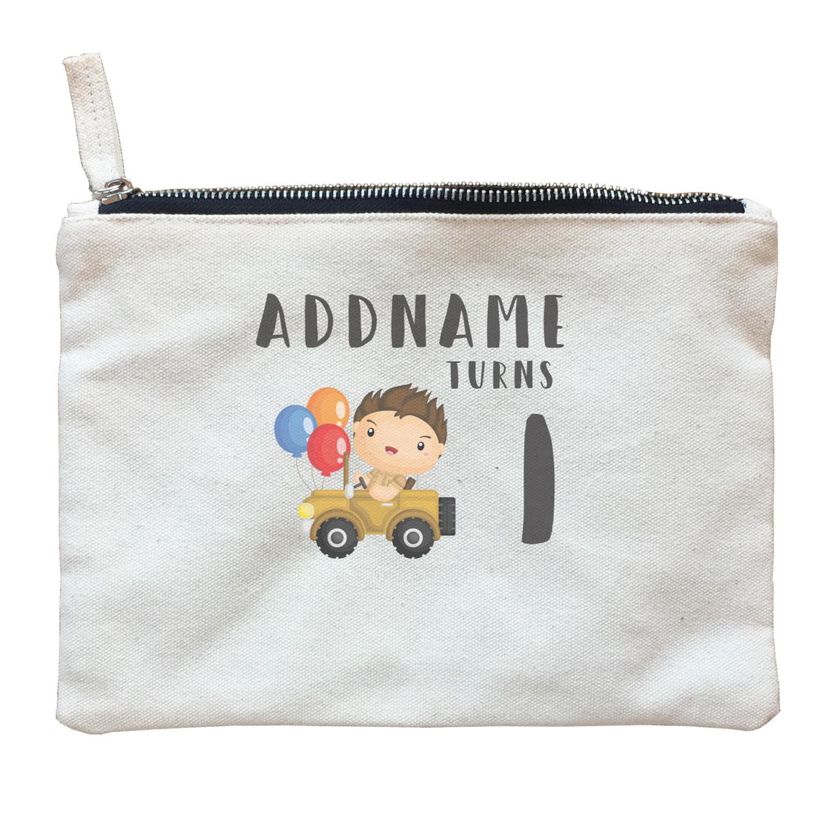 Birthday Safari Explorer Boy Driving Jeep Car Addname Turns 1 Zipper Pouch