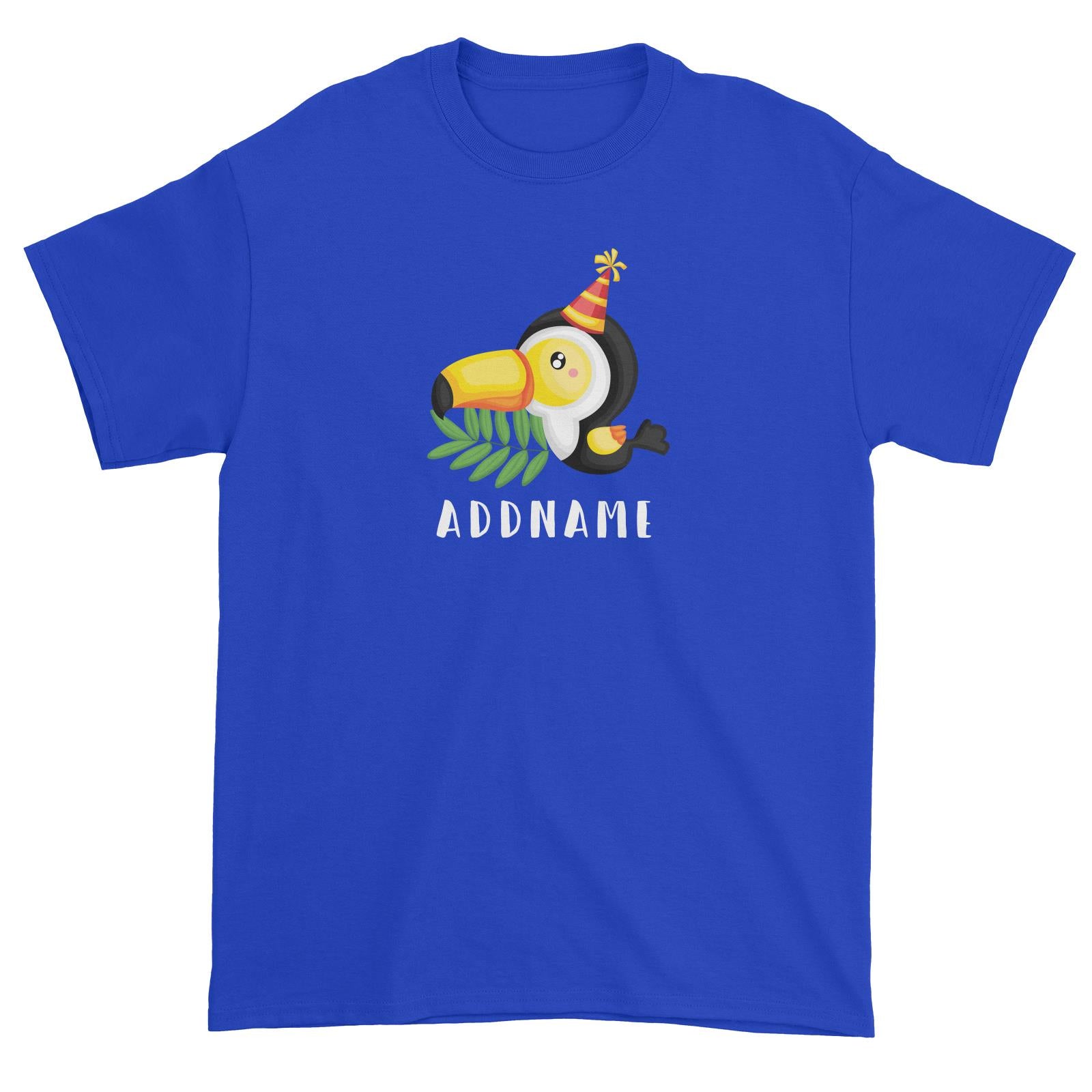 Birthday Safari Hornbill Wearing Party Hat Addname Unisex T-Shirt