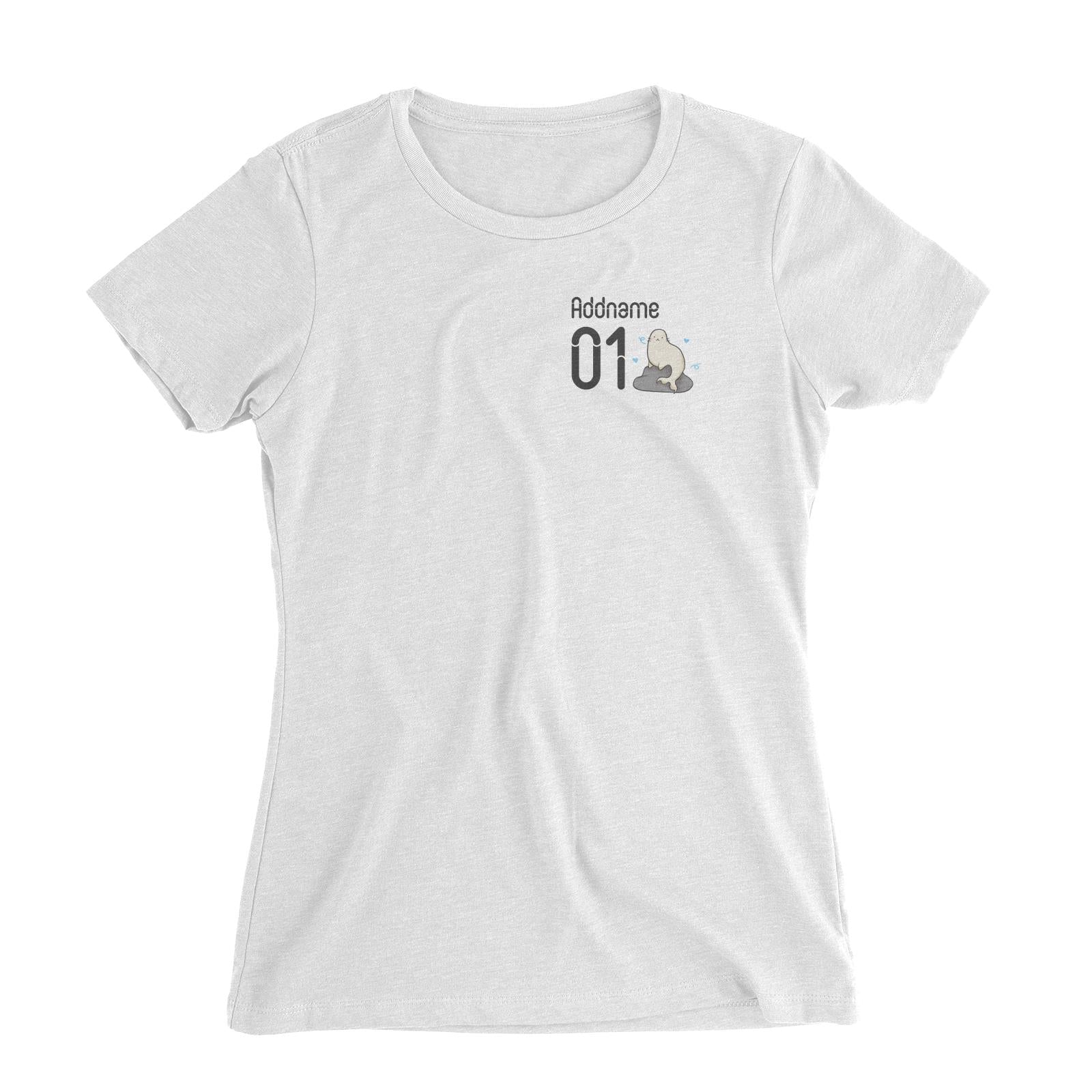 Pocket Name and Number Cute Hand Drawn Style Seal Women's Slim Fit T-Shirt (FLASH DEAL)