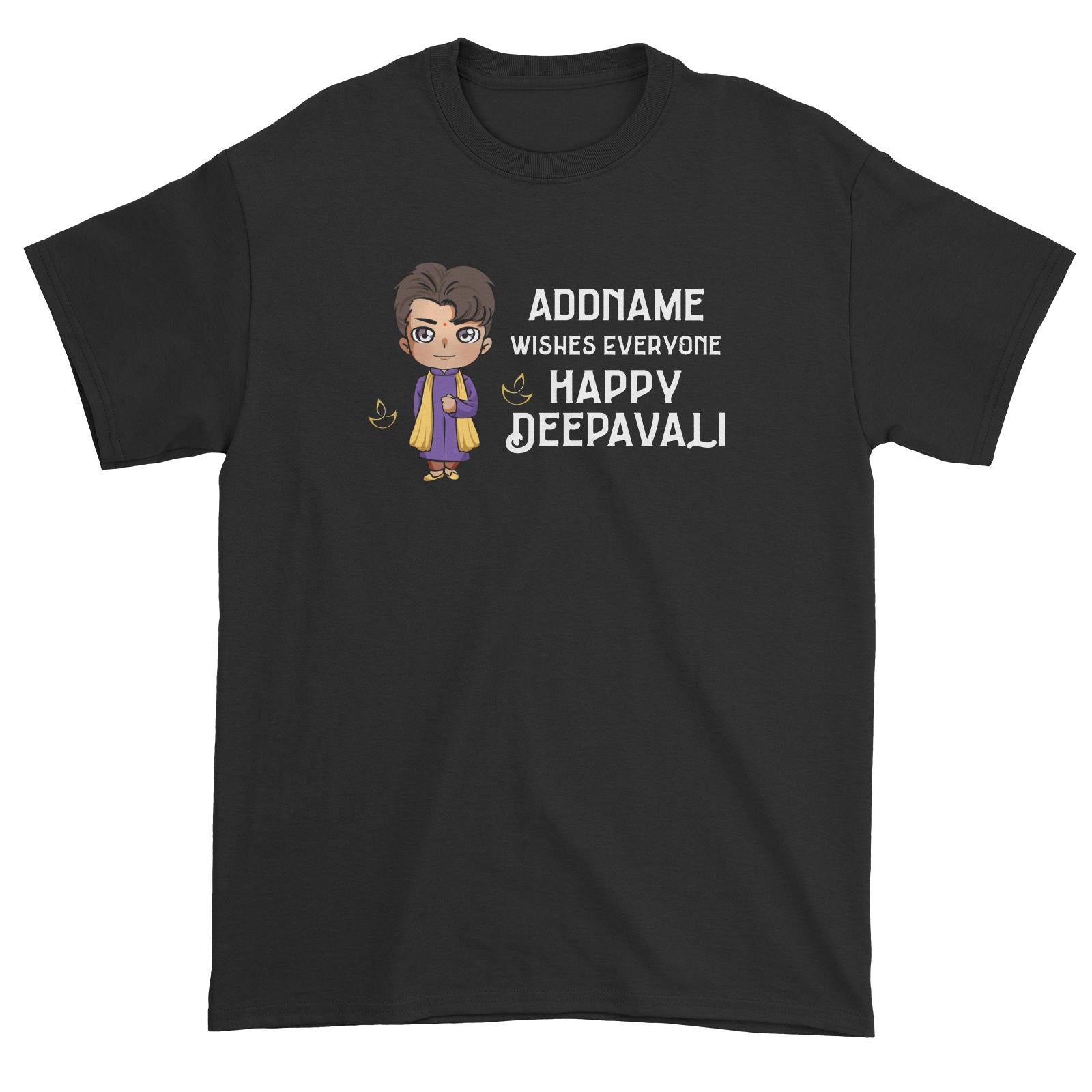 Deepavali Chibi Man Front Addname Wishes Everyone Deepavali Unisex T-Shirt Religion Funny Deepavali Series Personalizable Designs