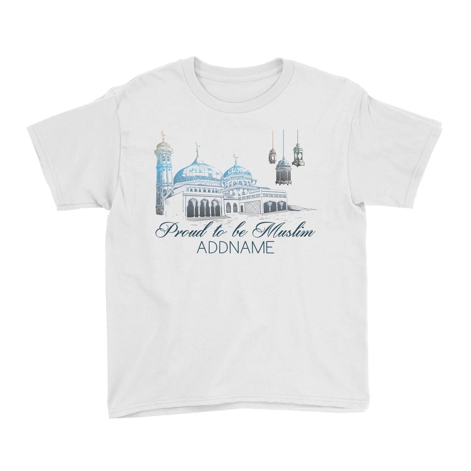 Proud To Be Muslim Dark Blue Mosque Addname Kid's T-Shirt